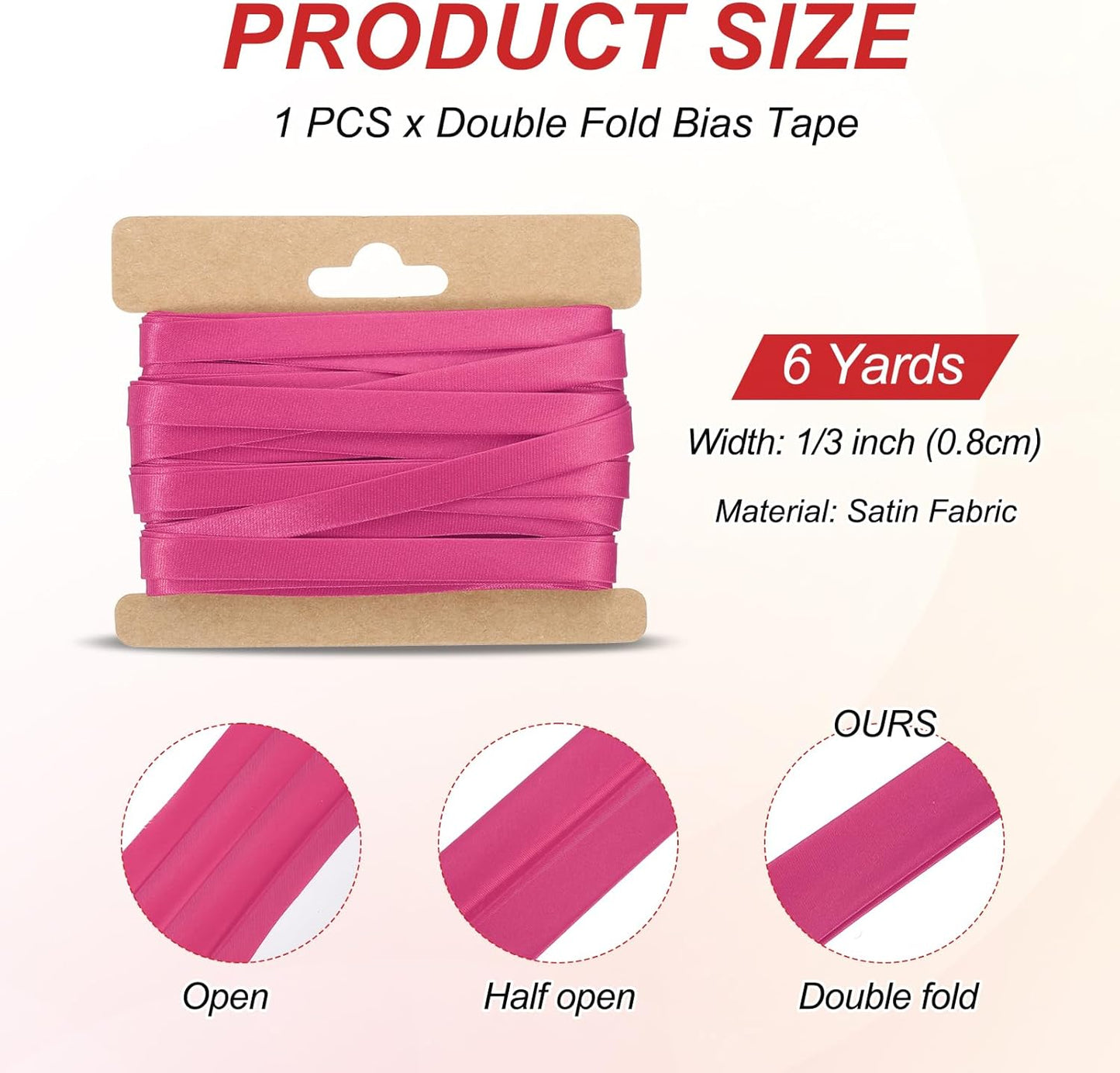 MECCANIXITY Double Fold Bias Tape for Sewing 1/3 Inch x 6 Yards Satin Pre-fold Continuous Binding Tape for Seaming Quilting Hemming Binding DIY Crafts, Rose Red