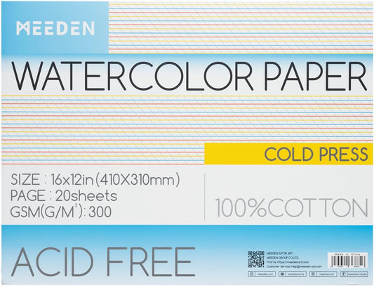 MEEDEN Watercolor Paper Block - 100% Cotton Watercolor Paper Pad of 20 Sheets, 140lb/300gsm, Acid-Free Art Paper for Watercolor, Gouache, Ink and More, 16" x 12" Cold Press