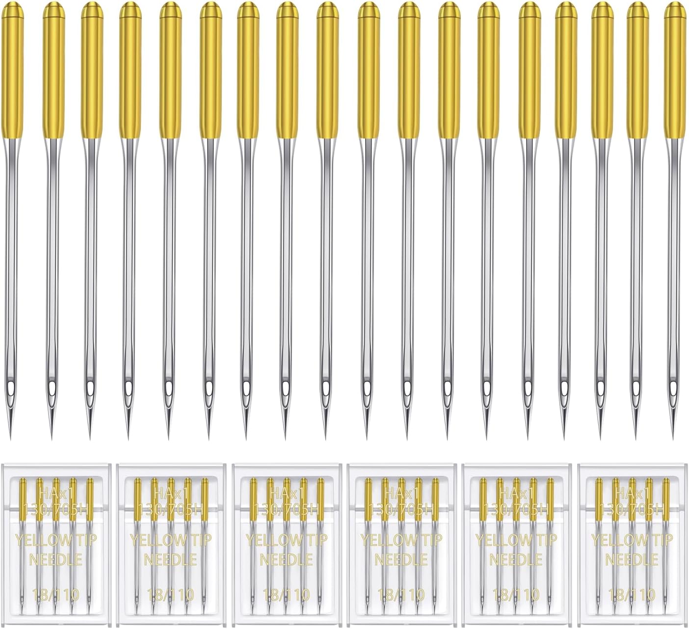 HONEYSEW 30 Pieces Sewing Machine Needles HAX1 130/705H Universal Regular Point Flat Shank Sewing Needle Compatible with Singer, Brother,Janome,Pfaff and Other Brand (Yellow Size 18-30PCS)