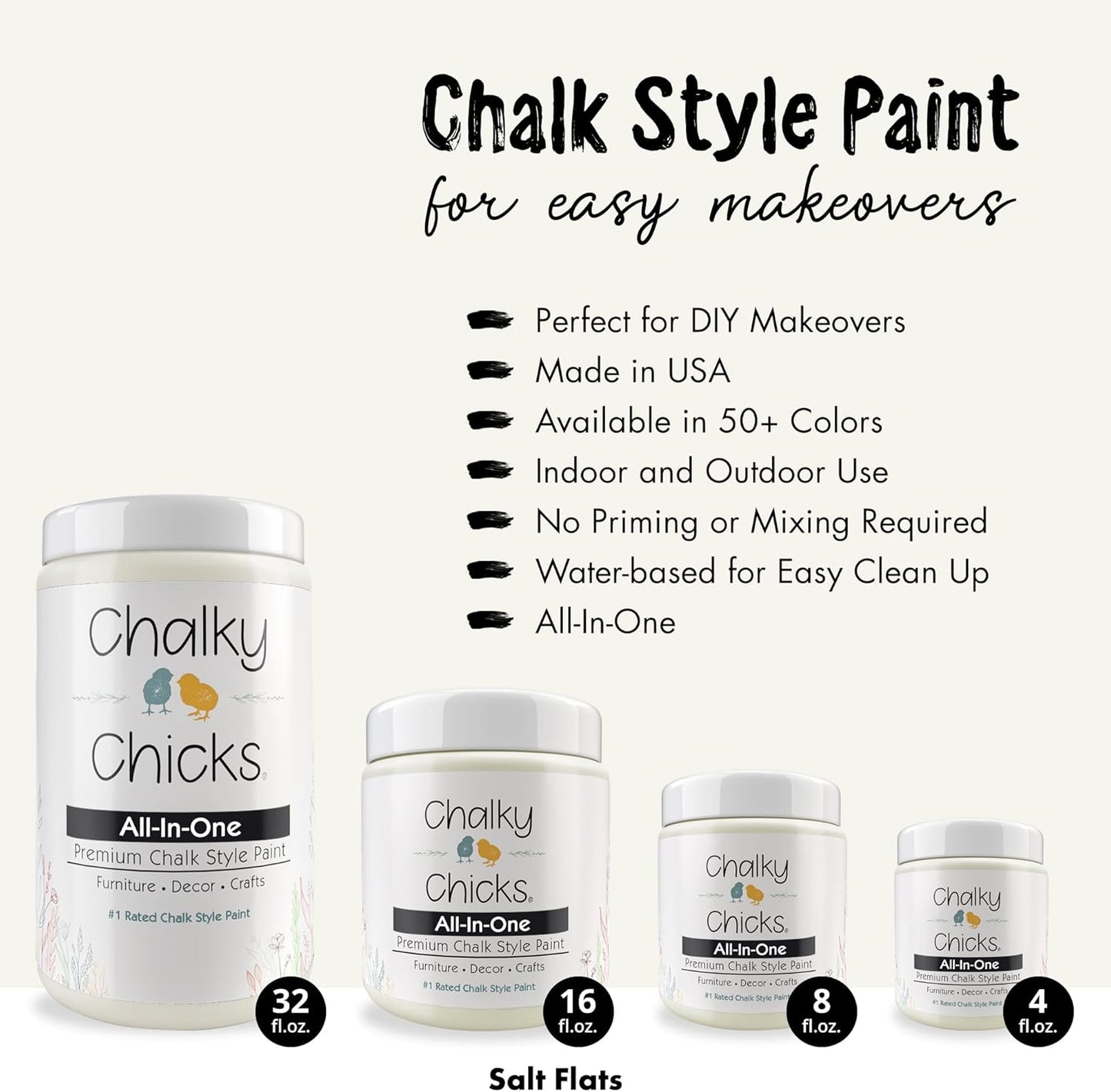 Chalky Chicks All-in-One Chalk Paint for Furniture or Cabinet - 4 Fl Oz - Matte Finish Salt Flats (Off White) for Metal, Wood Furniture Paint - No Sanding All-in-One for Home Decor & Crafts, USA Made