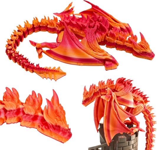 3D Printed Dragon - 12 inch Flying Flexible Dragon with Wings, Home Decor, Birthday Gift, Desk Pet(Red Black-Dragon)(Red Gold-Dragon)
