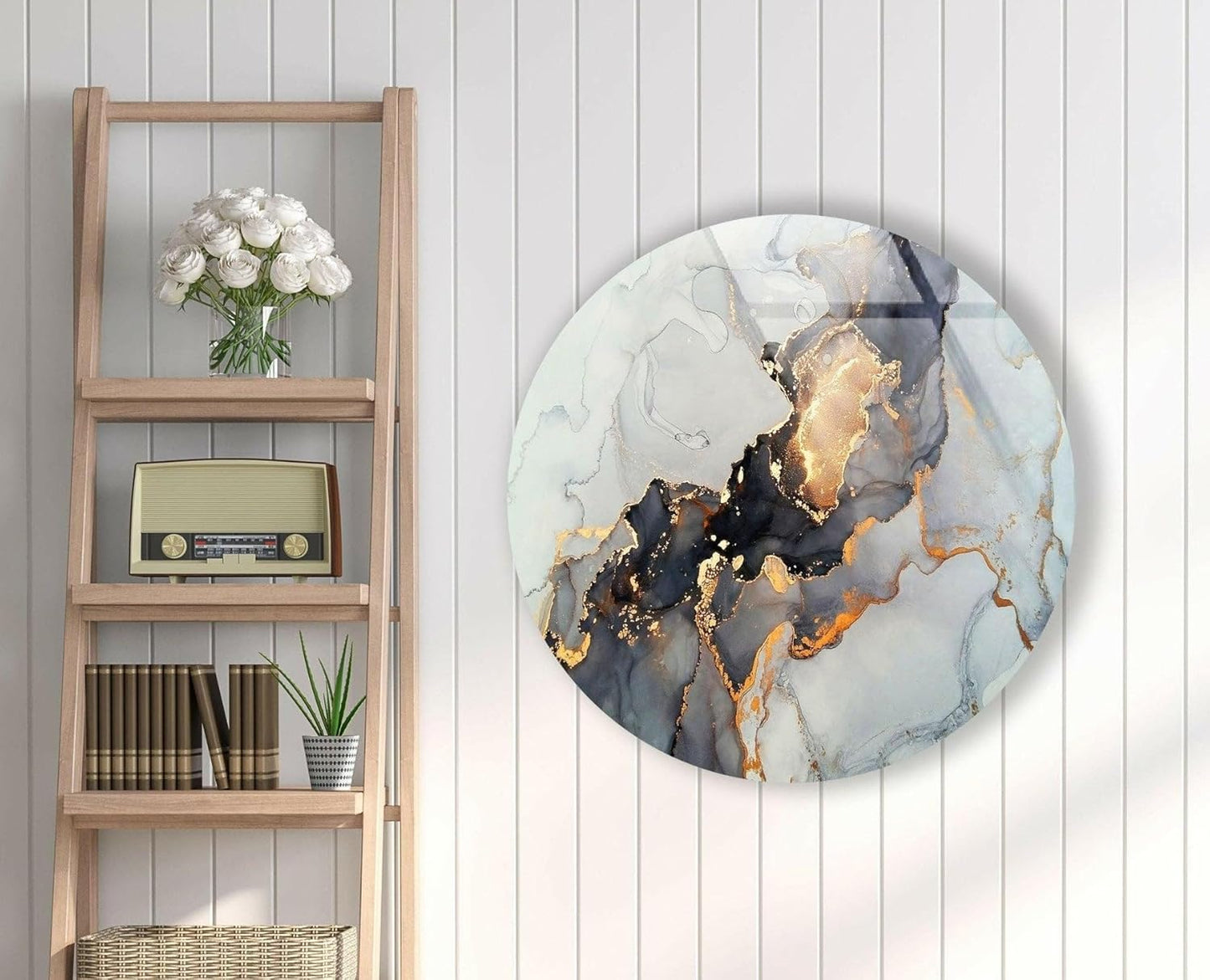 My Photostation.com 10''(25cm) Diameter Gold Details Gray Marble Round Glass Wall Art Tempered Glass Printing Wall Decor Large Wall Art Wall Hangings