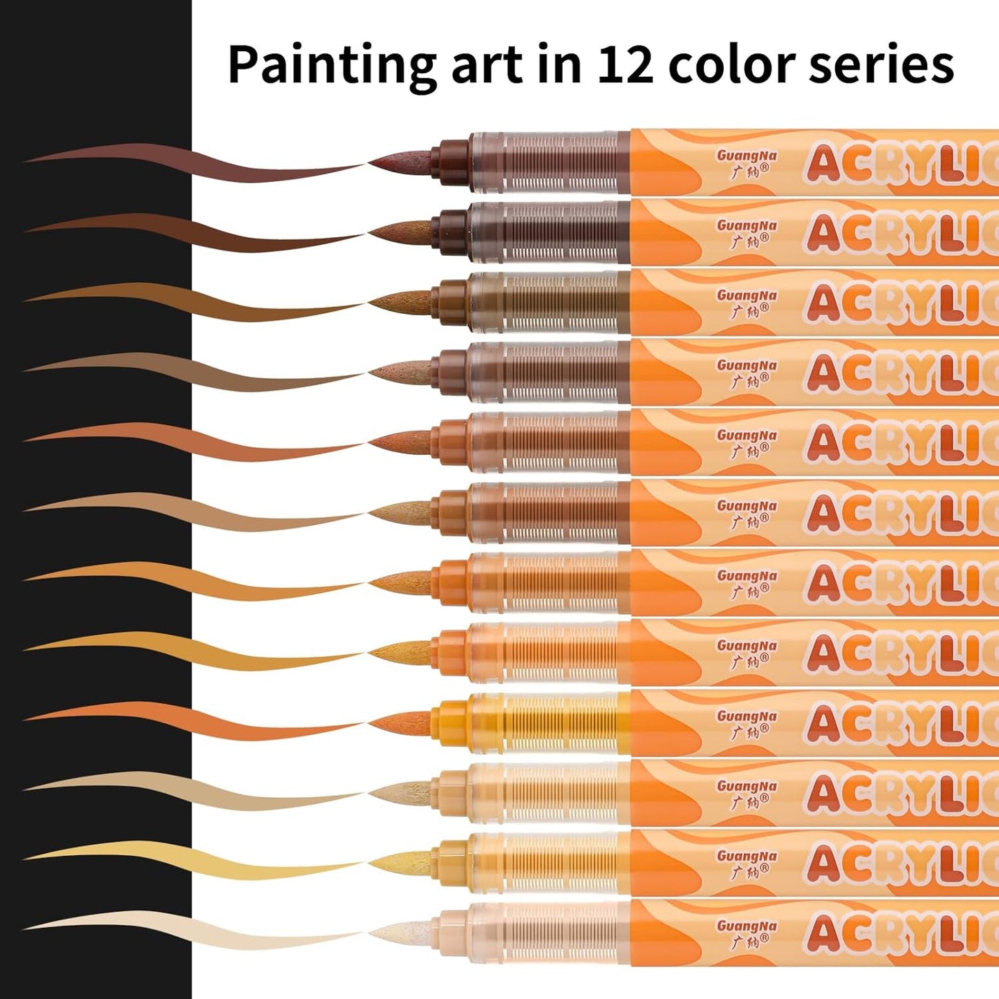 Guangna Acrylic Paint Markers 12 Colors, Skin Tone Series Set with Soft Brush Tip Water Based, Fine Tip Markers for Wood, Canvas, Rock Painting, Glass, Diy Crafts, Fabric Paint