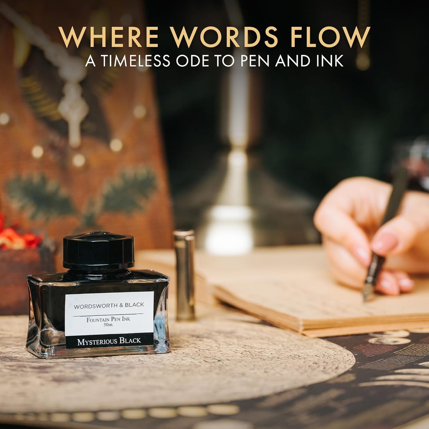 Wordsworth and Black Fountain Pen Ink Bottle (50 ml) Premium Luxury Edition, [Mysterious Black] Fountain Pens Bottled Ink; Classic Designed Bottle Smooth Flow 50 ml