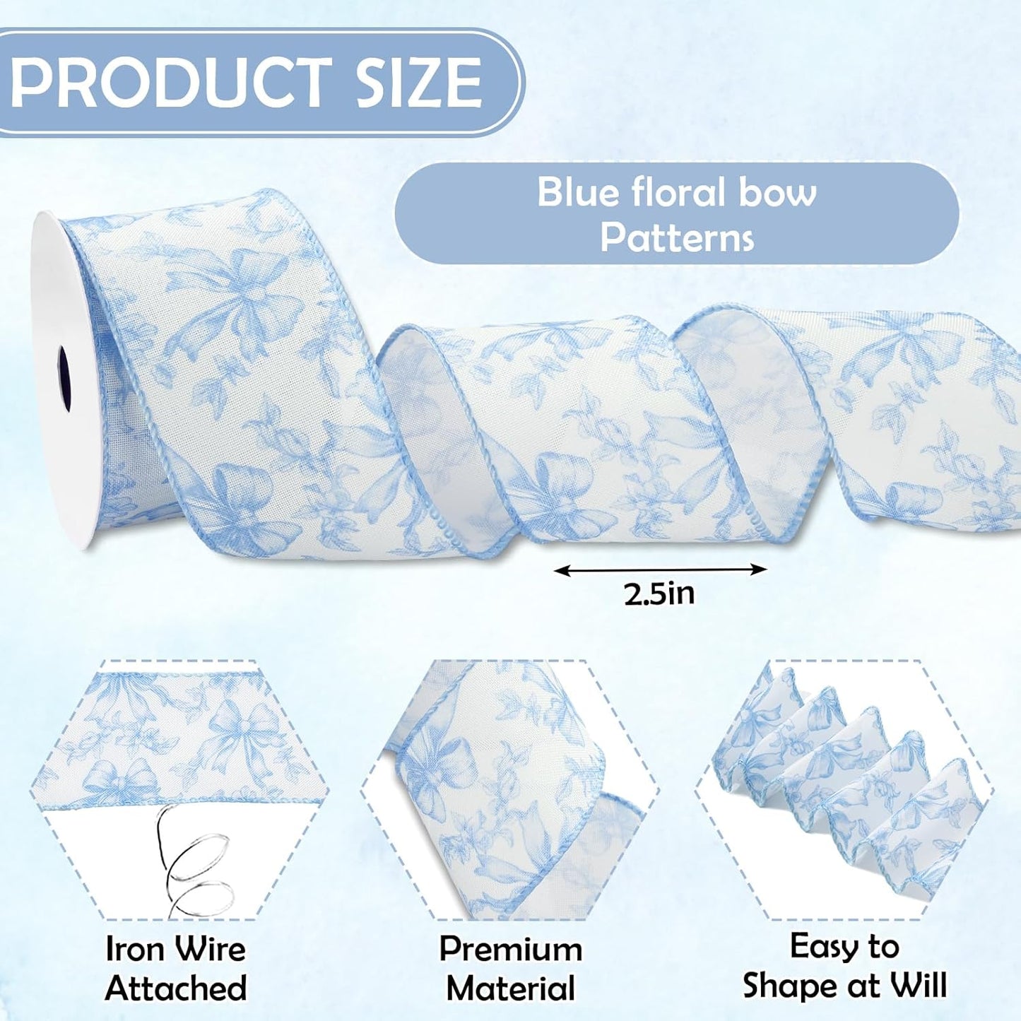 Blue Floral Bow Wired Edge Ribbon Chinoiserie Flower Bowknot Fabric Ribbon for DIY Crafts Wreath Bow Making Supplies, 12 Yard
