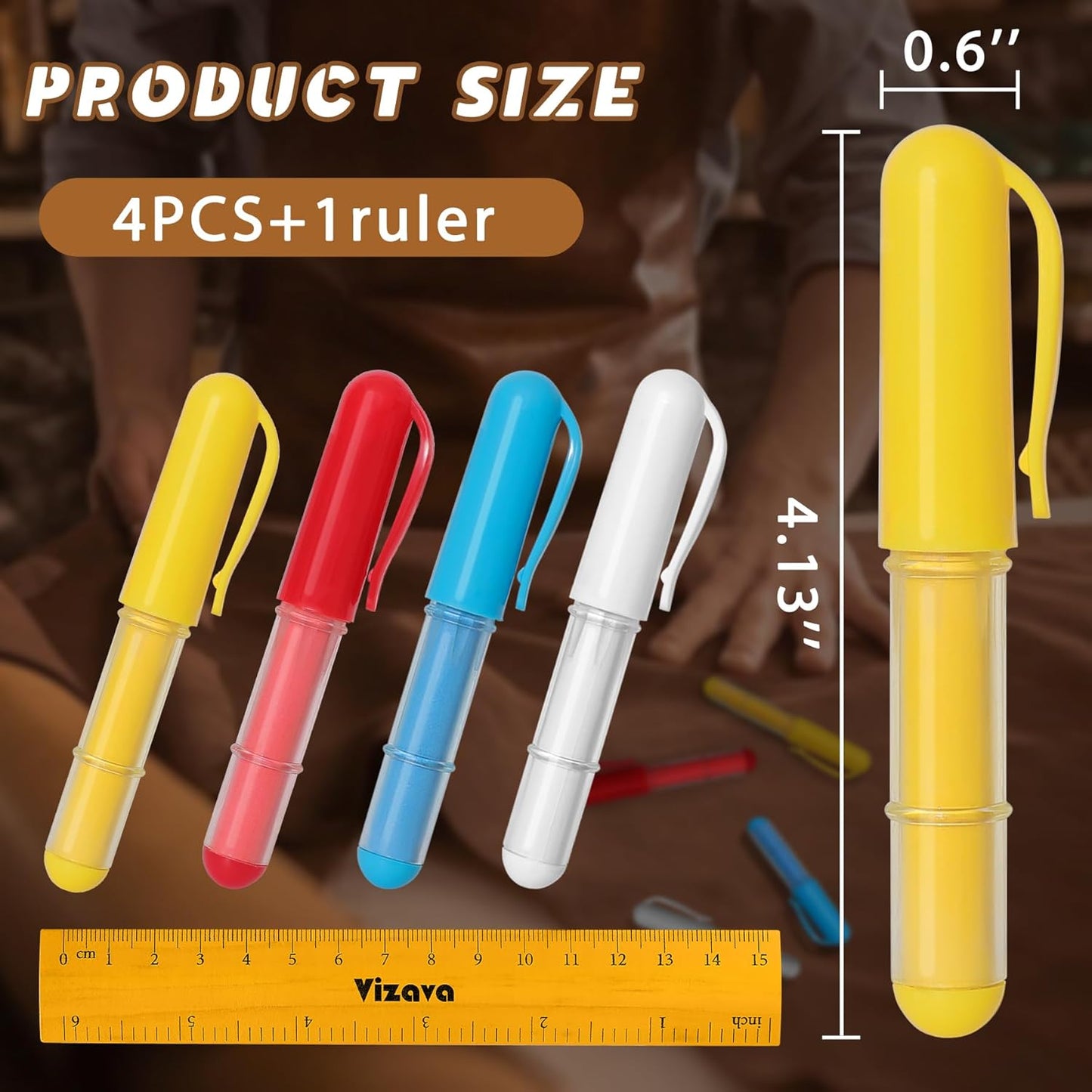 Fabric Chalk Markers for Sewing,Quilting,Crafting|Erasable Tailor Chalk|Work on Various Fabrics|Dosing Wheel Drawing Intricate Patterns Precise Lines-Per Pack(Red,Yellow,Blue,White and 1Ruler)