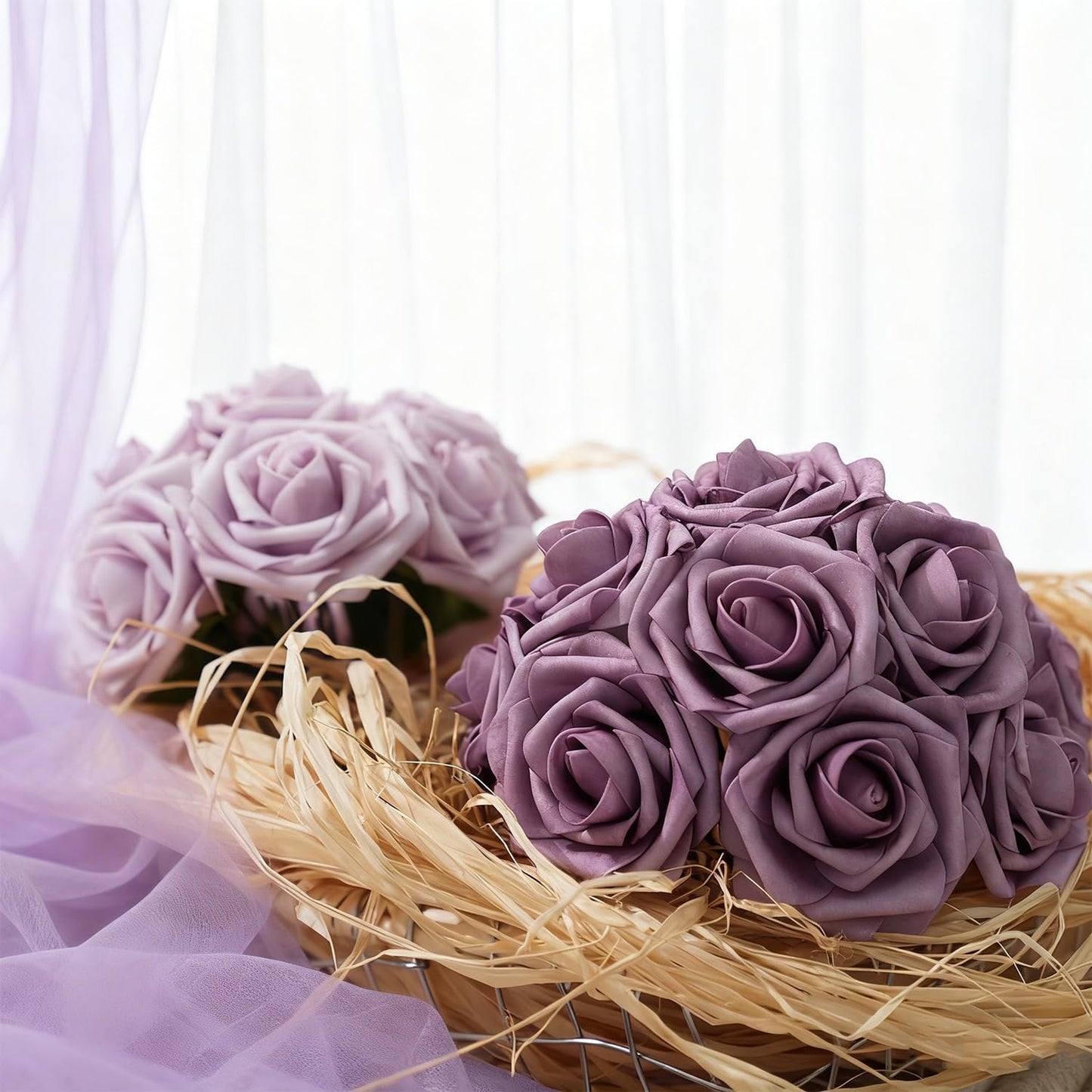 Artificial Flowers Foam Fake Roses 25pcs Series Purple Colors Roses with Stems for Home Decor DIY Wedding Bouquets Party Bridal Shower Centerpieces Faux Flower Arrangements Tables Decorations