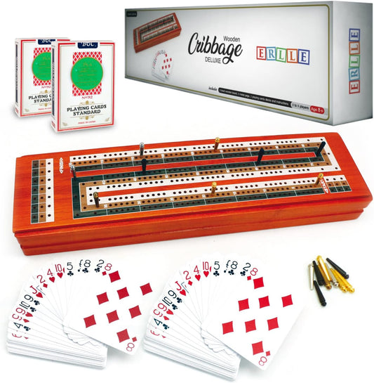 ERLLE - Wooden Cribbage Board Game Set, Continuous 3 Track Wooden Board, 9 Metal Pegs, 2 Decks of Cards, Sliding Lid and Storage, Unique Cribbage Boards,Travel Portable Cribbage Game Sets