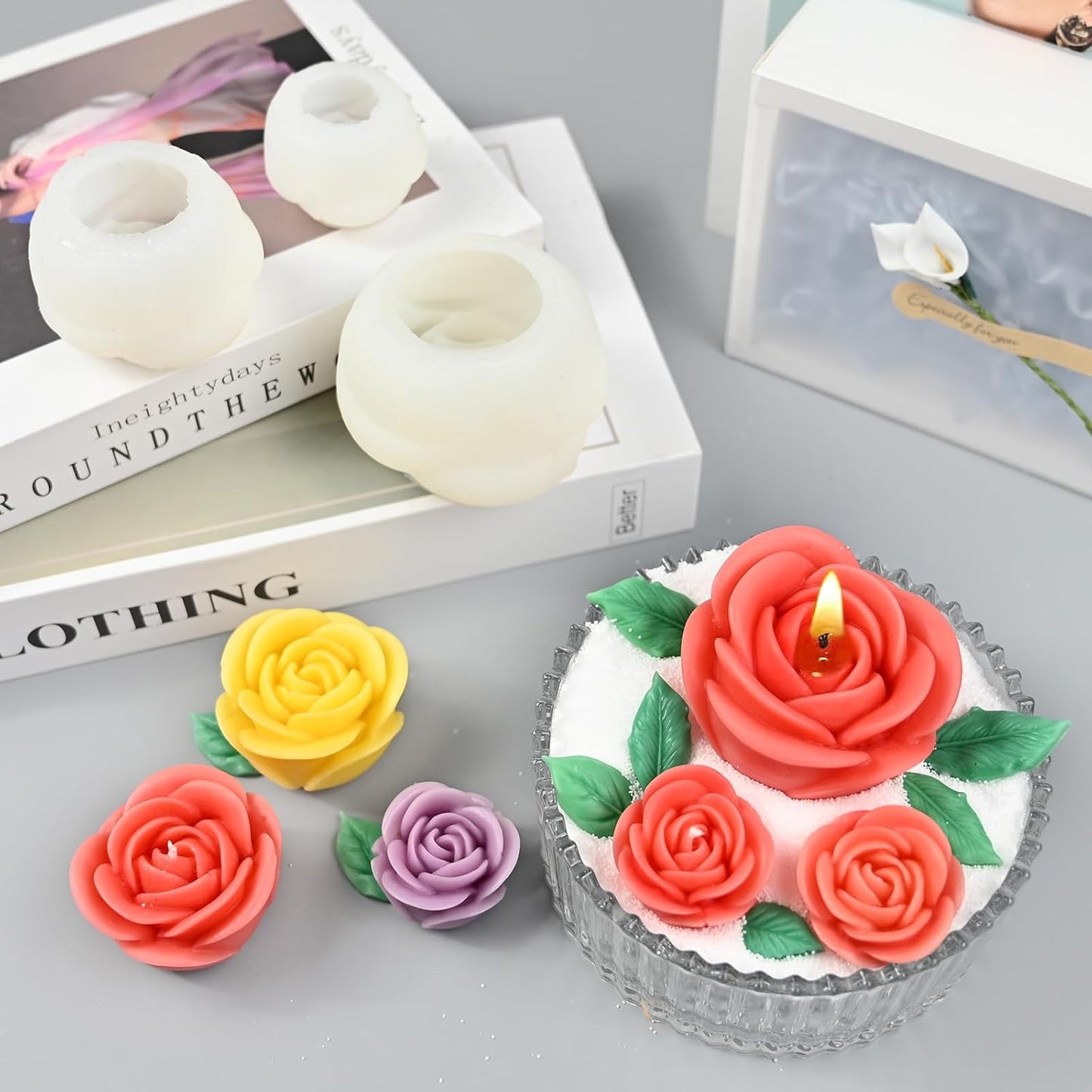 Rose Candle Molds, 4 Pcs Set of Large + Medium + Small 3D Rose Flower Silicone Molds with Leaf Mold for Candle Making, Epoxy Resin Casting, Wax Soap Clay Plaster Home Décor Handmade Gift