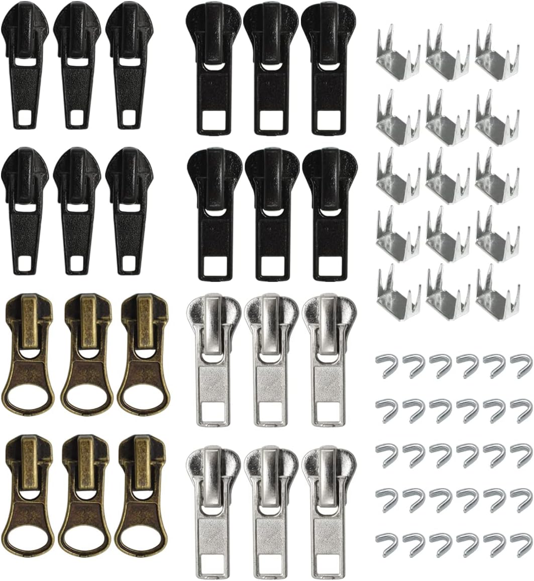 24 Pcs #5#7 Zipper Sliders Replacement Zipper Pull Repair Kit Includes Top and Bottom Stoppers for Clothing Bags Purses Luggage Metal Plastic Nylon Coil Jacket Zippers Supplies