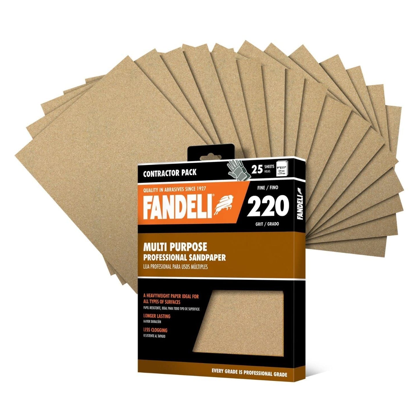 Fandeli 36027 220 Grit Multipurpose Sandpaper Sheets, 9" x 11", 25-Sheet