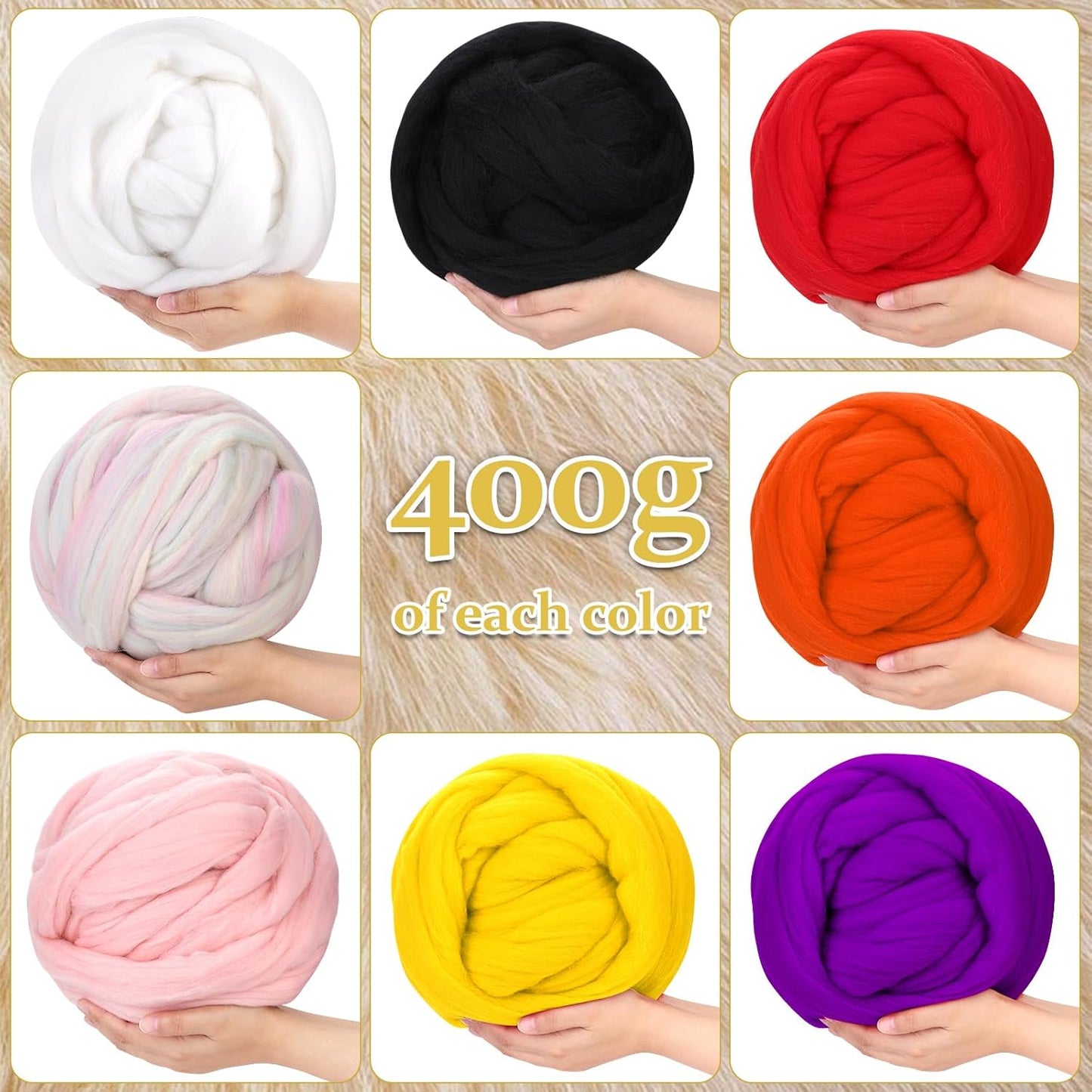 QMNNMA Wool Roving Bulk, 14.1oz Needle Felting Wool, Super Wool Chunky Yarn for Needle Felting, Hand Spinning, Blending, Weaving and DIY Craft (400g)