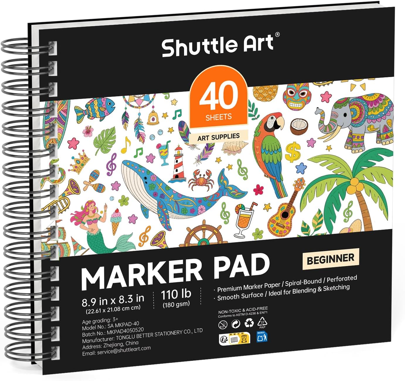 Shuttle Art Marker Pad, 8.9”x8.3” Portable Sketchbook, 40 Sheets Marker Drawing Paper, 110LB/180GSM Smooth Surface Bleedproof Art Paper, Spiral-Bound, Great for Beginners to Draw, Paint & Sketch