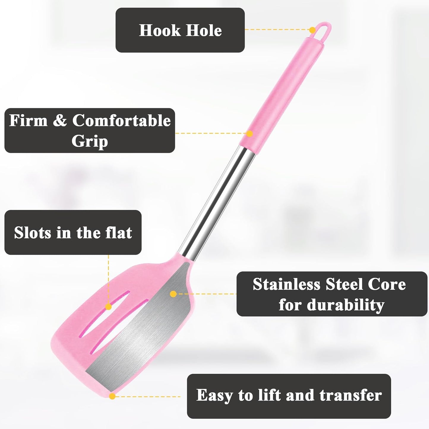 Silicone Spatula Spoon Set, 4 PCS Silicone Cooking Utensils Spatula Spoon Set with Stainless Steel Handle, BPA Free Kitchen Turners for Frying, Mixing, Serving, Draining, Turning, Stirring, Pink