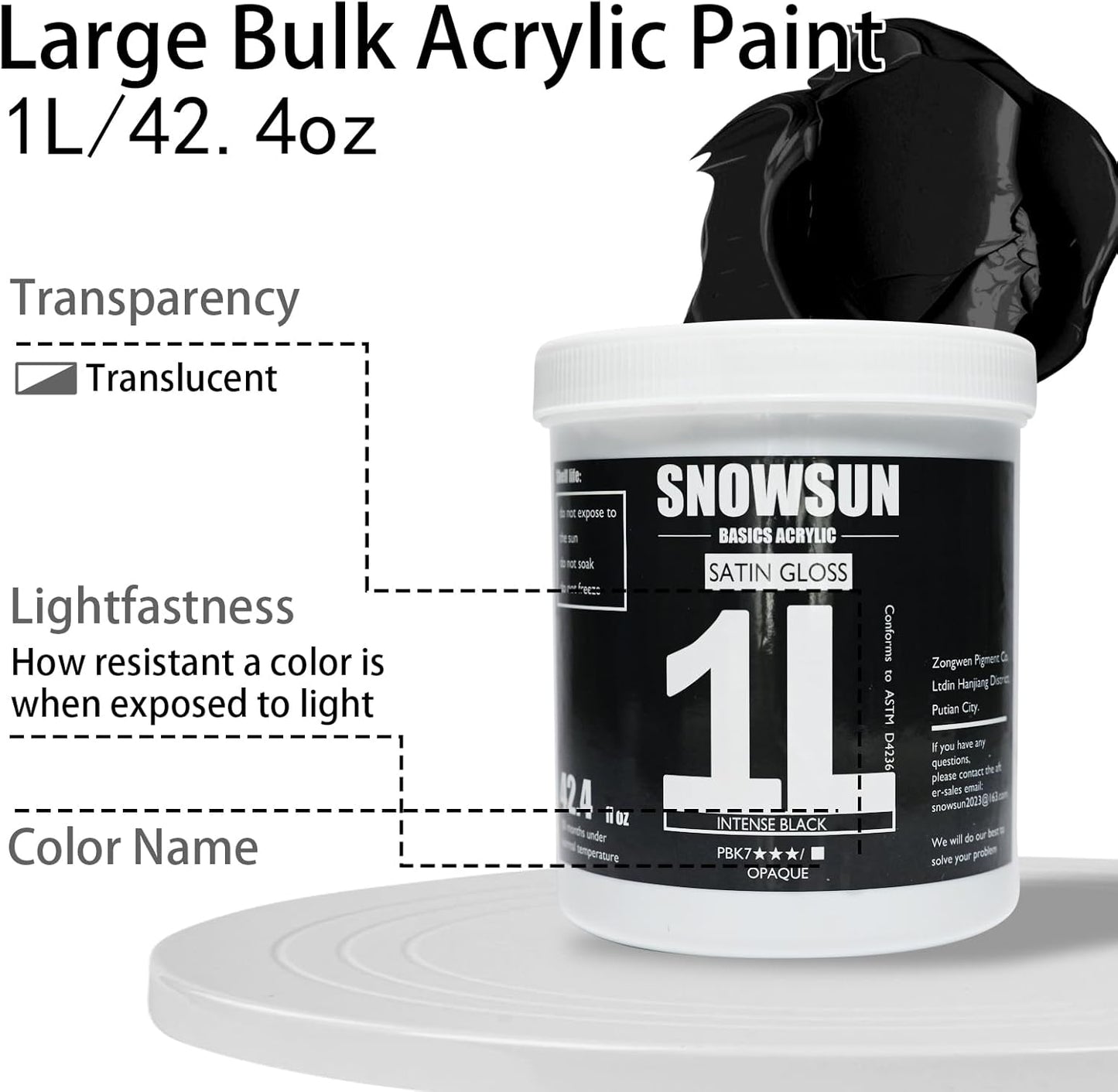 SNOWSUN Charcoal Black Acrylic Paint, Basics Large Bulk Acrylic Paints (1000ml/42.4 oz) Gloss Non-Toxic Heavy Body Paints - Thick Art Paints for Multi-Surface Canvas Wood Ceramic Fabric Wall- Ideal for Artists & Beginners