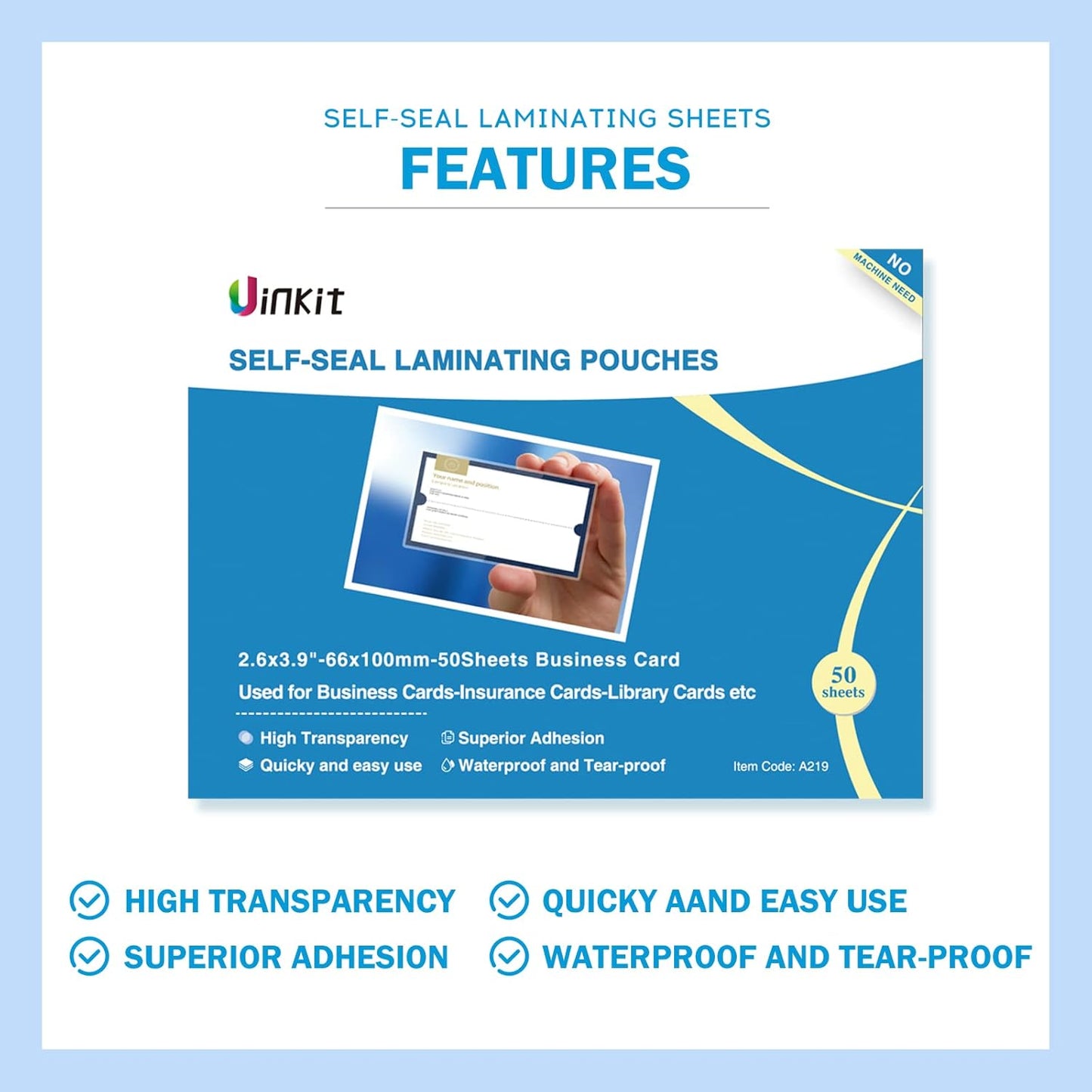 Uinkit 10 Mil Thick Double-Sided Self-Sealing Laminating Pouches, 50 Pack for 2.6x3.9 Business Card, Bulk Waterproof for Employee ID Badges, Loyalty & Membership Cards, No Machine Need