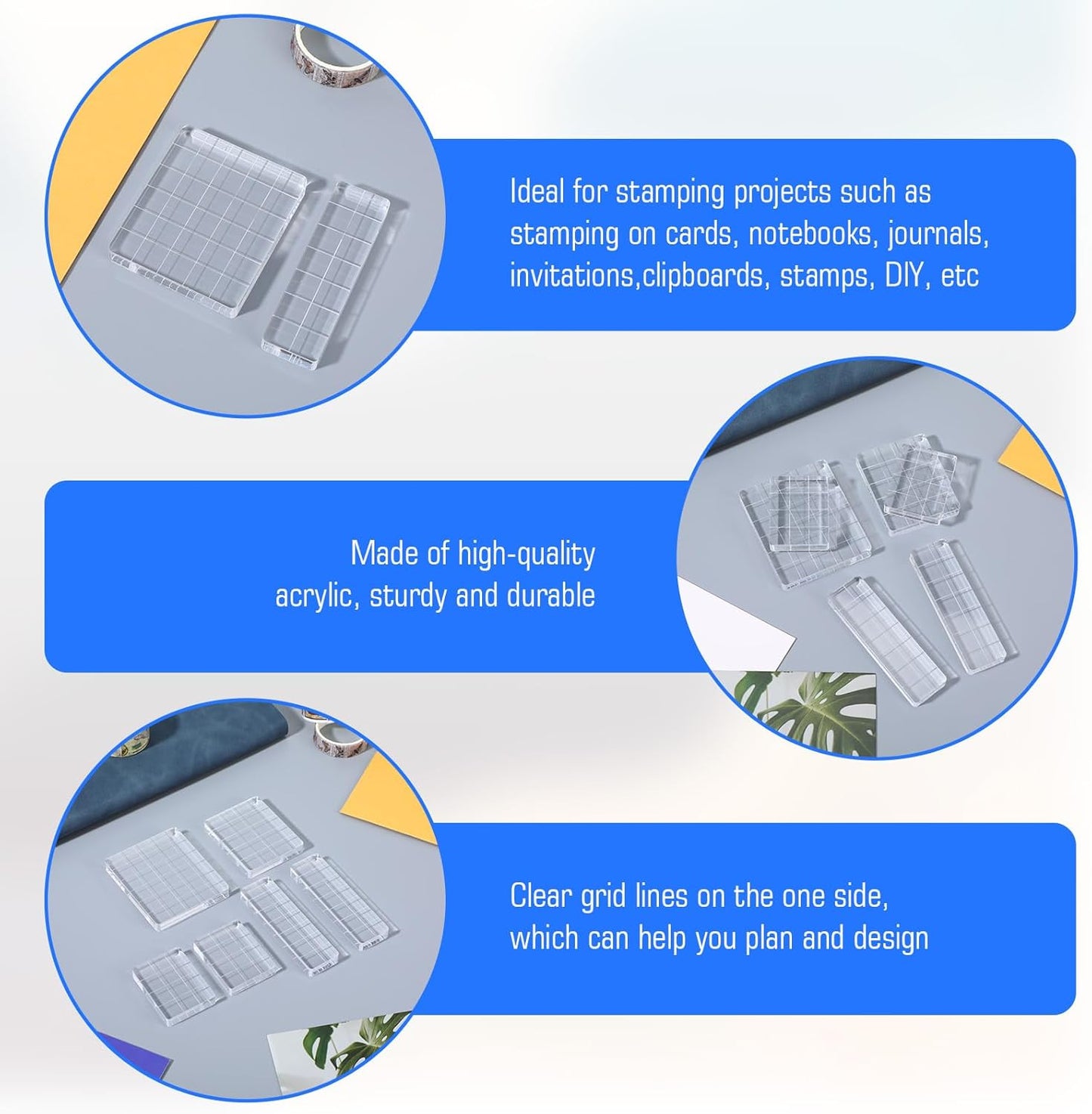 6Pcs Acrylic Blocks for Stamping Set Clear Stamping Blocks Tools with Grid Lines, Stamps for Crafting Card Making Scrapbooking Tools