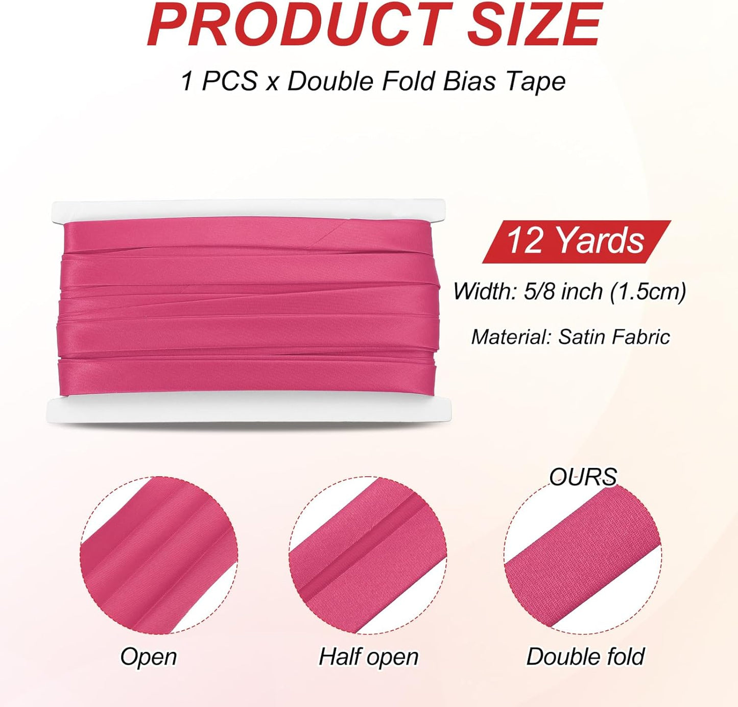 MECCANIXITY Double Fold Bias Tape for Sewing 5/8 Inch x 12 Yards Satin Pre-fold Continuous Binding Tape for Seaming Quilting Hemming Binding DIY Crafts, Rose Red