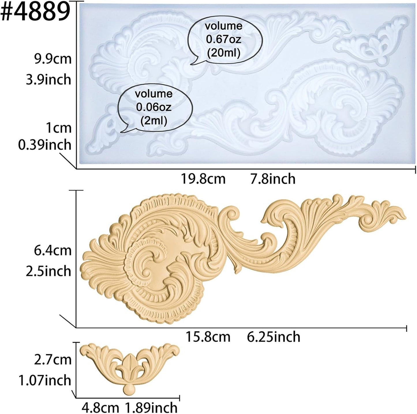 Art Molds for Polyclay Air Dry Clay Plaster Epoxy Resin Fondant Cake Decor Baroque Scrolls