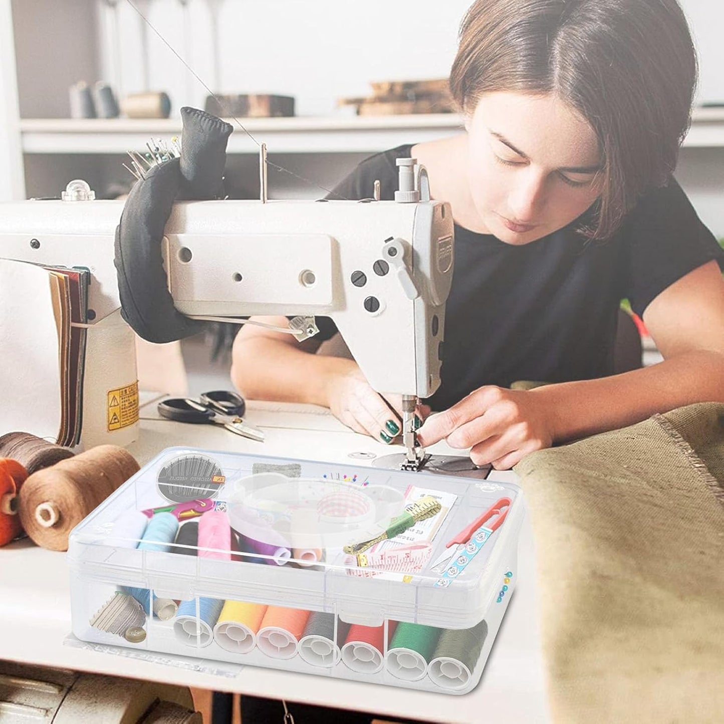 Mowhut Sewing Box for Sewing Supplies,Embroidery Floss Organizer,Plastic Tool Box with Handle,Stackable Thread Ribbon Storage,2 Layers Sewing Kit,Clear