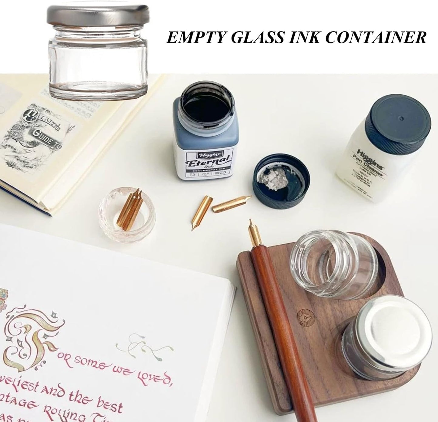 10Pcs Mini Glass Inkwell Ink Bottle Containers with Screw Lids for Calligraphy Oblique Nib Holder Stand Empty Dip Pen Ink Well Jars Desktop Decoration School Gifts(25ml)