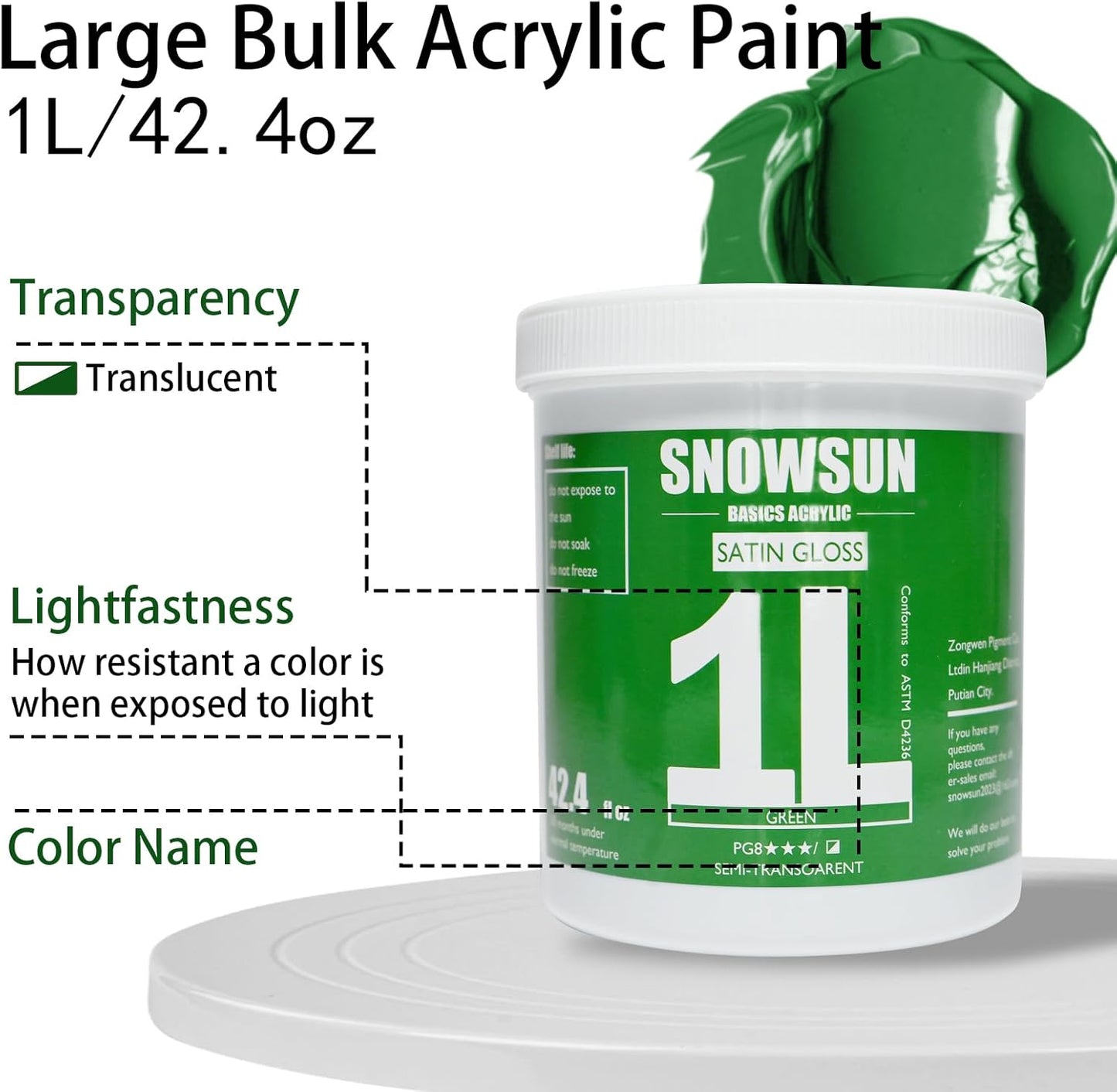 SNOWSUN Green Acrylic Paints, Large Bulk Heavy Body Acrylic Paint (42.4 oz, 1L) - Non Toxic Gloss Thick Art Paint for Multi-Surface, Ideal for Canvas Wood Ceramic Fabric and Leather, Stone Craft, for Artists & Beginners