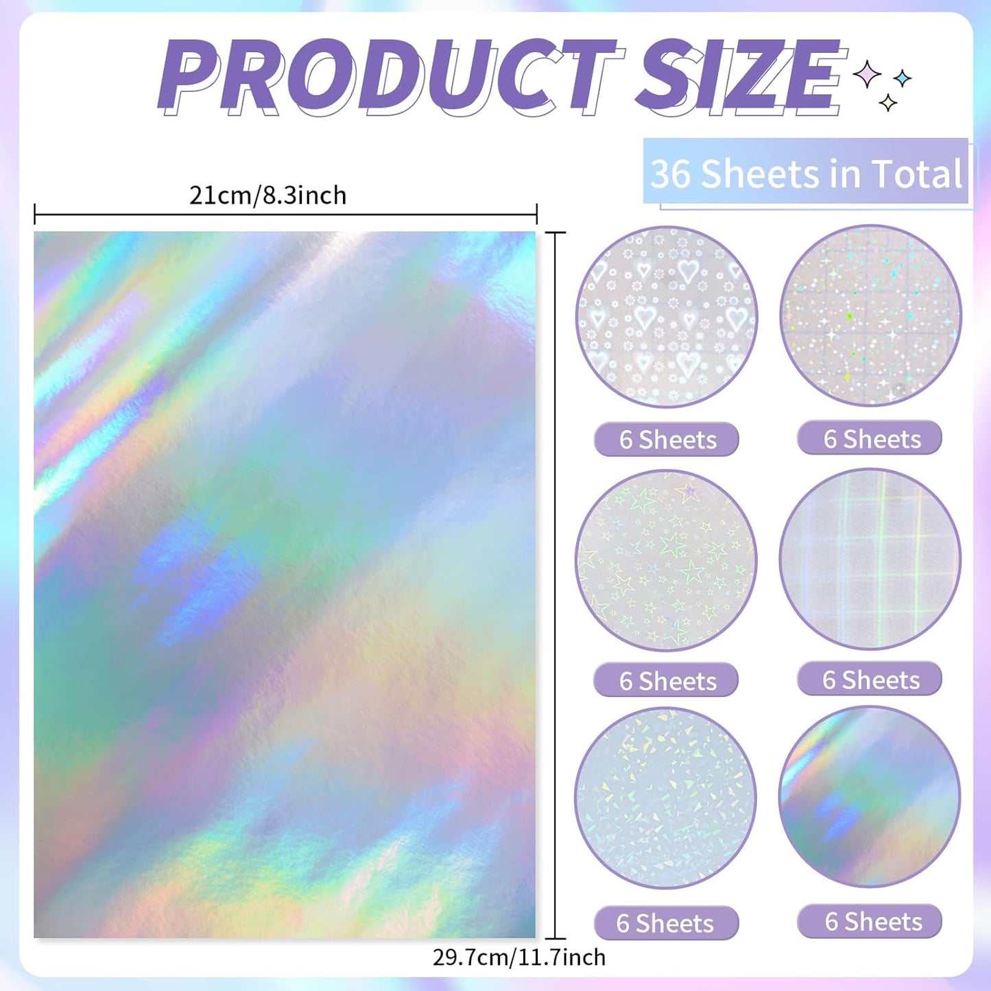 36 Sheets Holographic Sticker Paper,Holographic Laminate Sheets,A4 Size Clear Vinyl Sticker Sheets Self-Adhesive Rainbow Overlay Sheets with 6 Styles Mixed,11.7 x 8.3 Inches