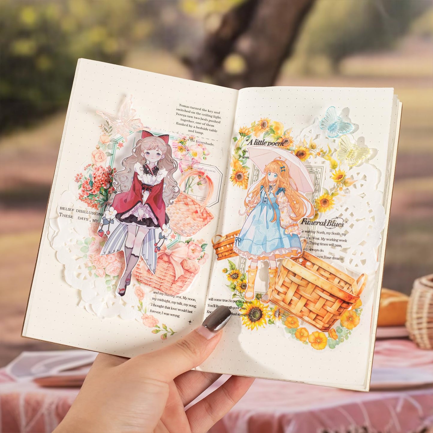 Flower Basket PET Tape Set, 6 Rolls Pre-Cut Vintage Floral Scrapbook Supplies for Journaling, DIY Crafts, and Planners,with Clip