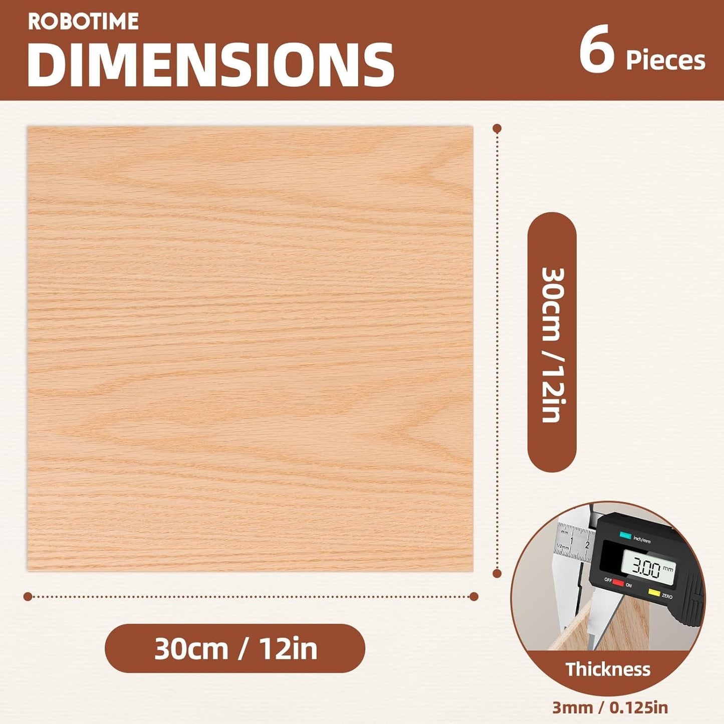ROBOTIME 6-Pack Laser Wood Sheets 1/8" - 12 x 12 x 1/8 Inch - Oak - 3mm Plywood for Laser Cutting, Laser Engraving Blanks
