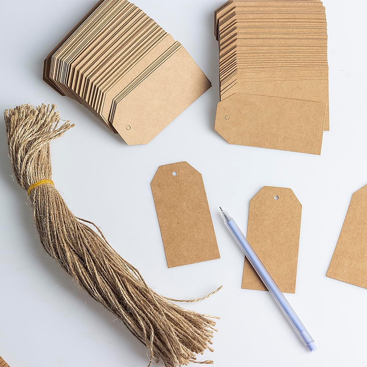 200PCS Kraft Paper Gift Tags with Natural Jute Twine,Blank Hang Tags for DIY Arts and Crafts Wedding Holiday Present, 3.7"x1.8", Brown