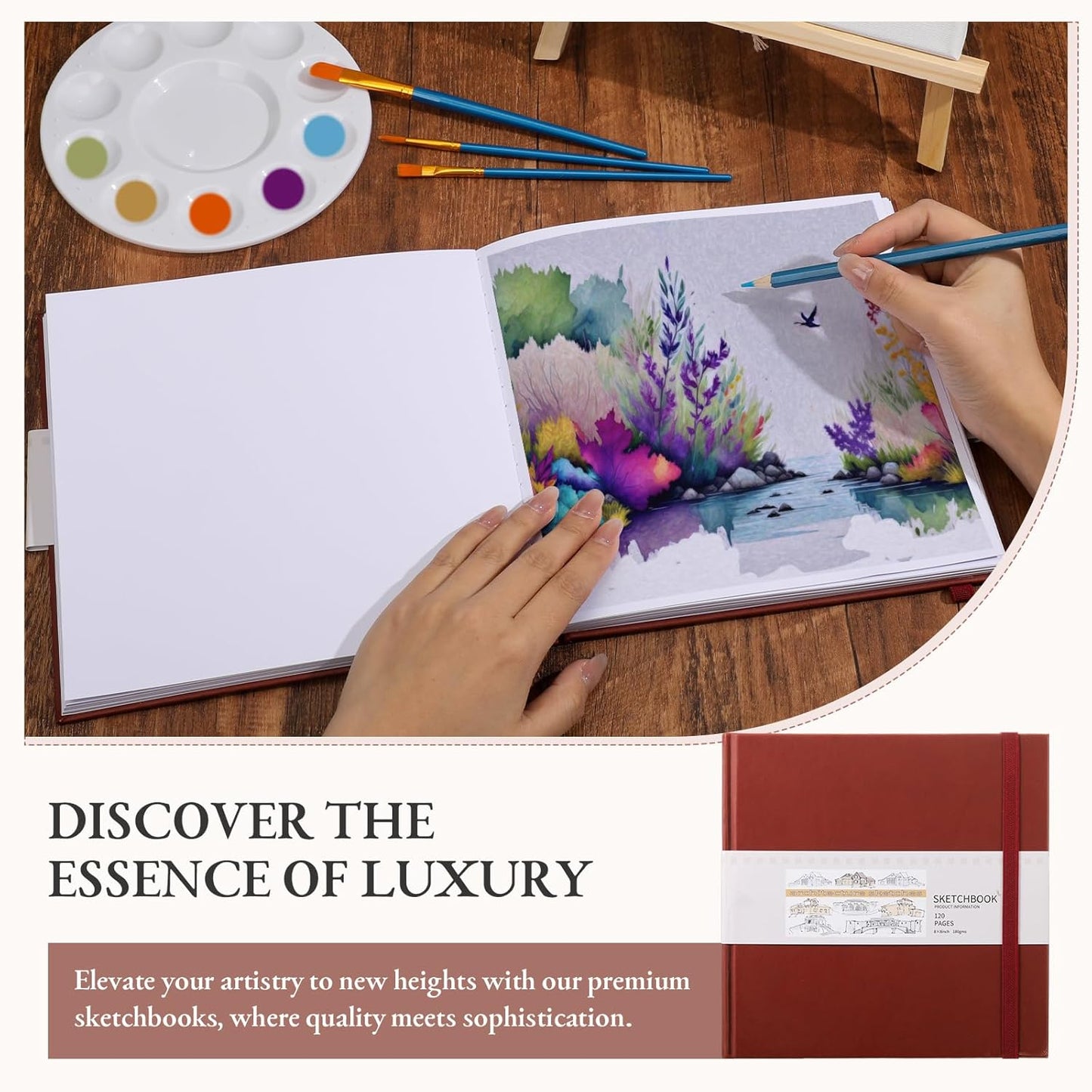 Moinchore Back to School Gifts Square Sketchbook 8 x 8 Inch Hardcover Art Sketch Book Drawing Papers 120 Pages, Mixed Media Journal Notebook with Elastic Closure Sketchbook for Drawing(Dark Red)