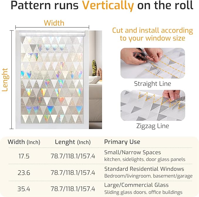 LUTE Window Privacy Film, Decorative Stained Glass Rainbow Window Clings, Sun Blocking Glass Covering, Renter-Friendly Static Cling Sticker Frosted Decals for Home Door Office, 23.6" x 78.7"