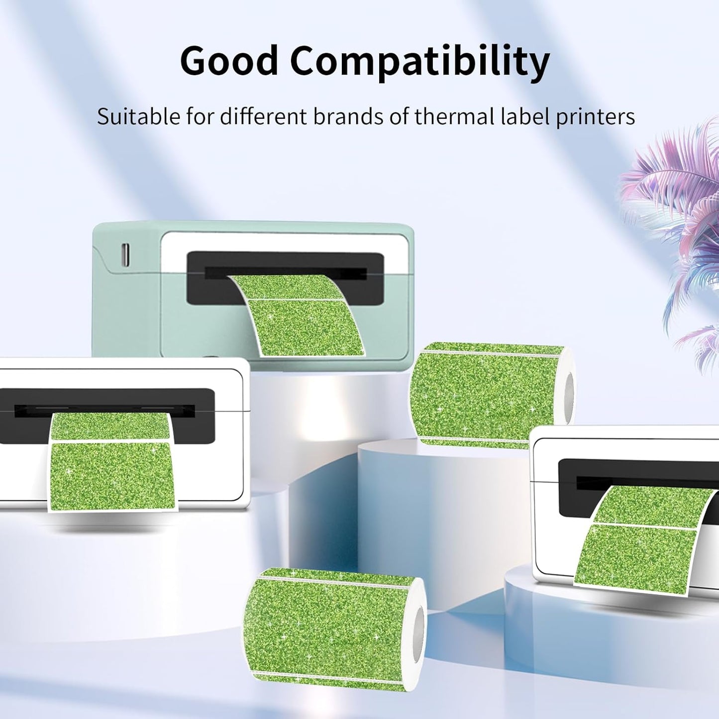 3x2 Inch Holographic Thermal Labels Stickers, Glitter Waterproof Direct Thermal Sticker Labels for Barcode, Mailing, DIY Design- 200Pcs /Glitter Green