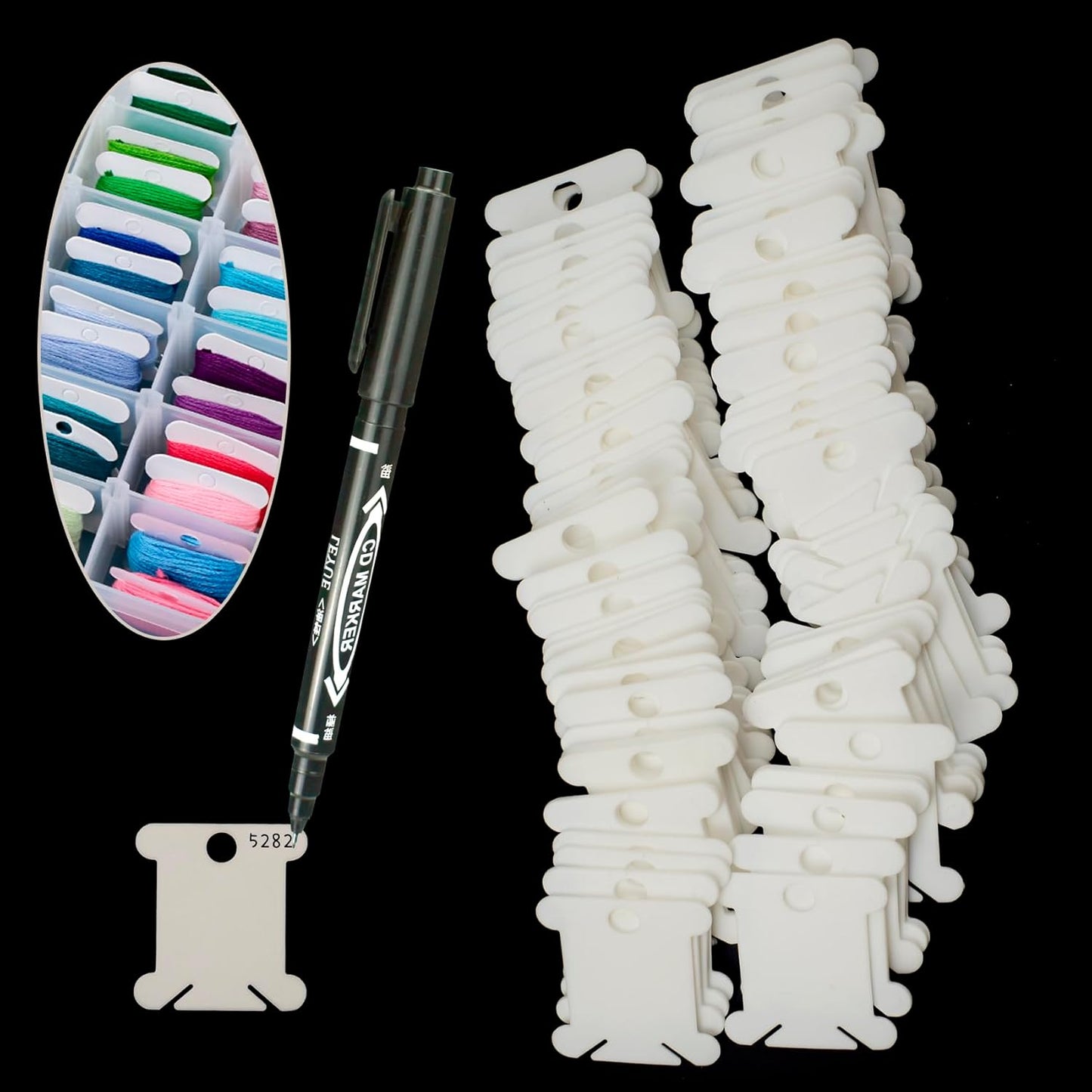 BLUE HANDCART Embroidery Floss Organizer, 1 Removable 18 Compartments Cross Stitch Thread Storage Box with 100 Plastic Embroidery Floss Bobbins, 1 Floss Winder and 1 Marker