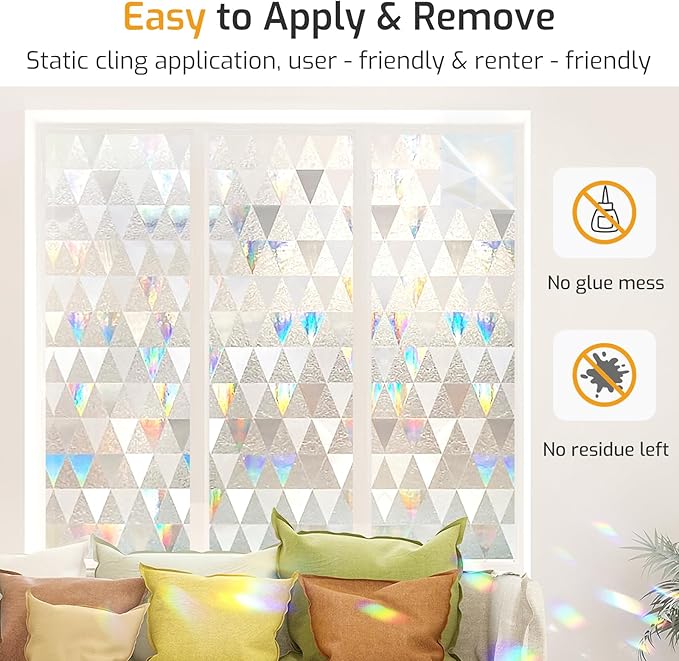 LUTE Window Privacy Film, Decorative Stained Glass Rainbow Window Clings, Sun Blocking Glass Covering, Renter-Friendly Static Cling Sticker Frosted Decals for Home Door Office, 23.6" x 78.7"