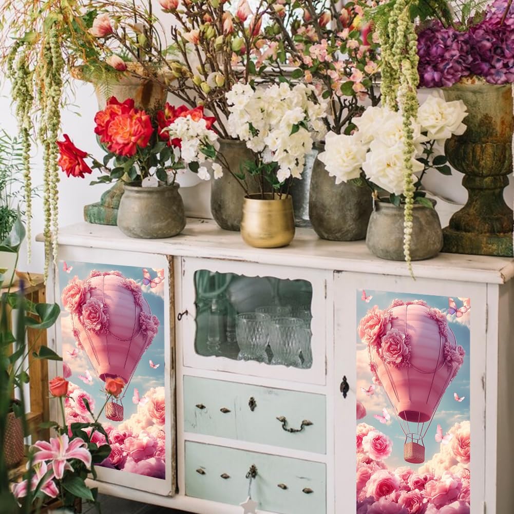 GLOBLELAND 4 Sheets Pink Roses Hot Air Balloons Rub on Transfers Pink Flower Furniture Decor Transfers Romance Butterflies Decal Transfers Stickers for Bedroom Living Room Desk Table Valentine's Day