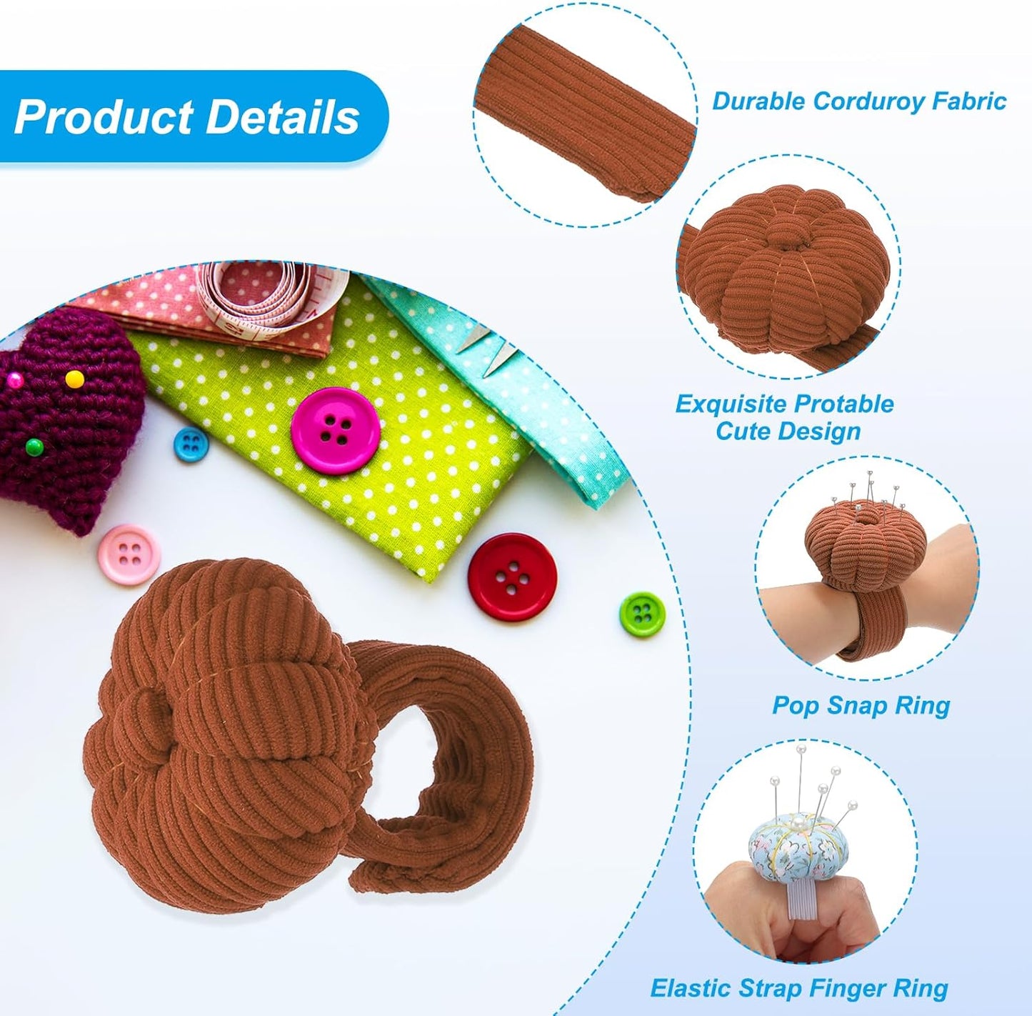 PATIKIL Wrist Pumpkin Pin Cushion, Snap Pin Cushion with Elastic Strap Ring Portable Embroidery Needle Pin Storage for Hand Craft Knitting, Brown