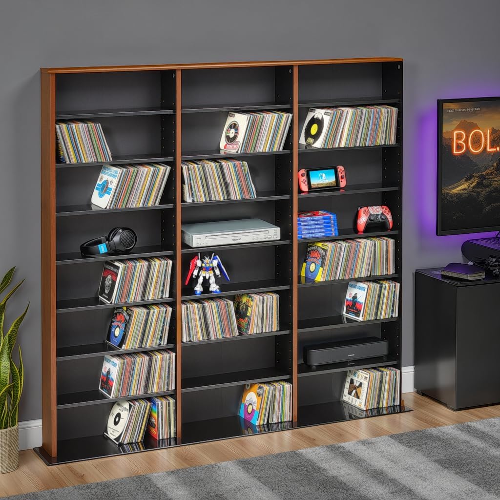 Prepac 3 Column Tall Cabinet Media Storage, Triple Width Wall, Cherry/Black