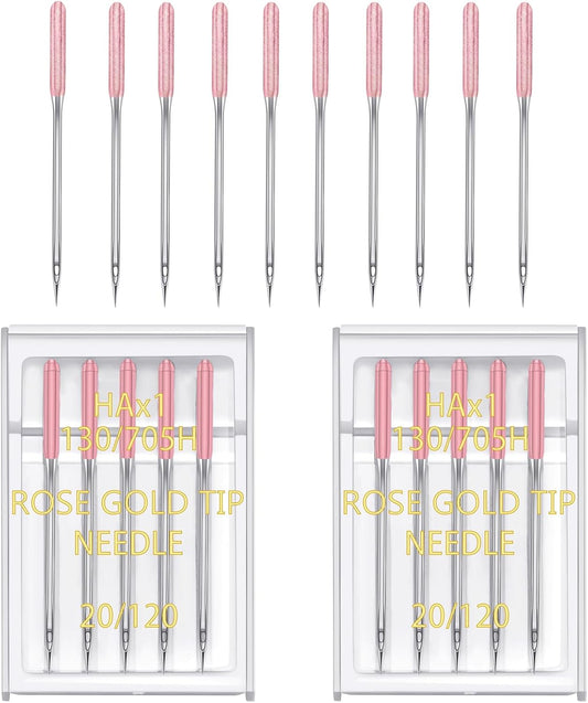 YICBOR Sewing Machine Needles, Universal Regular Point Flat Shank Sewing Needles HAX1 130/705H Compatible with Singer, Brother, Janome, Pfaff and Other Brand Sewing Machine (Rose Gold Size 20-2pack)