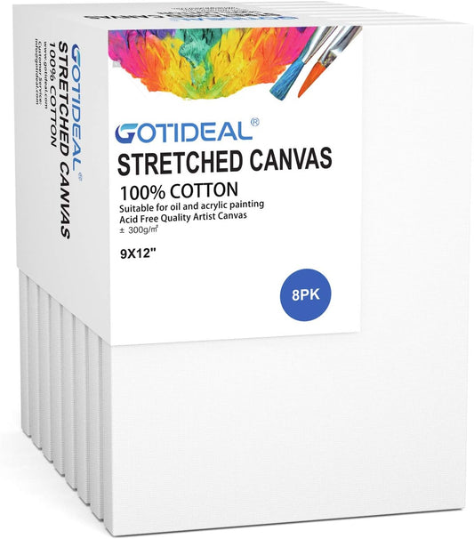 GOTIDEAL Stretched Canvas, 9x12 Inch Set of 8, Primed White - 100% Cotton Artist Canvas Boards for Painting, Acrylic Pouring, Oil Paint Dry & Wet Art Media