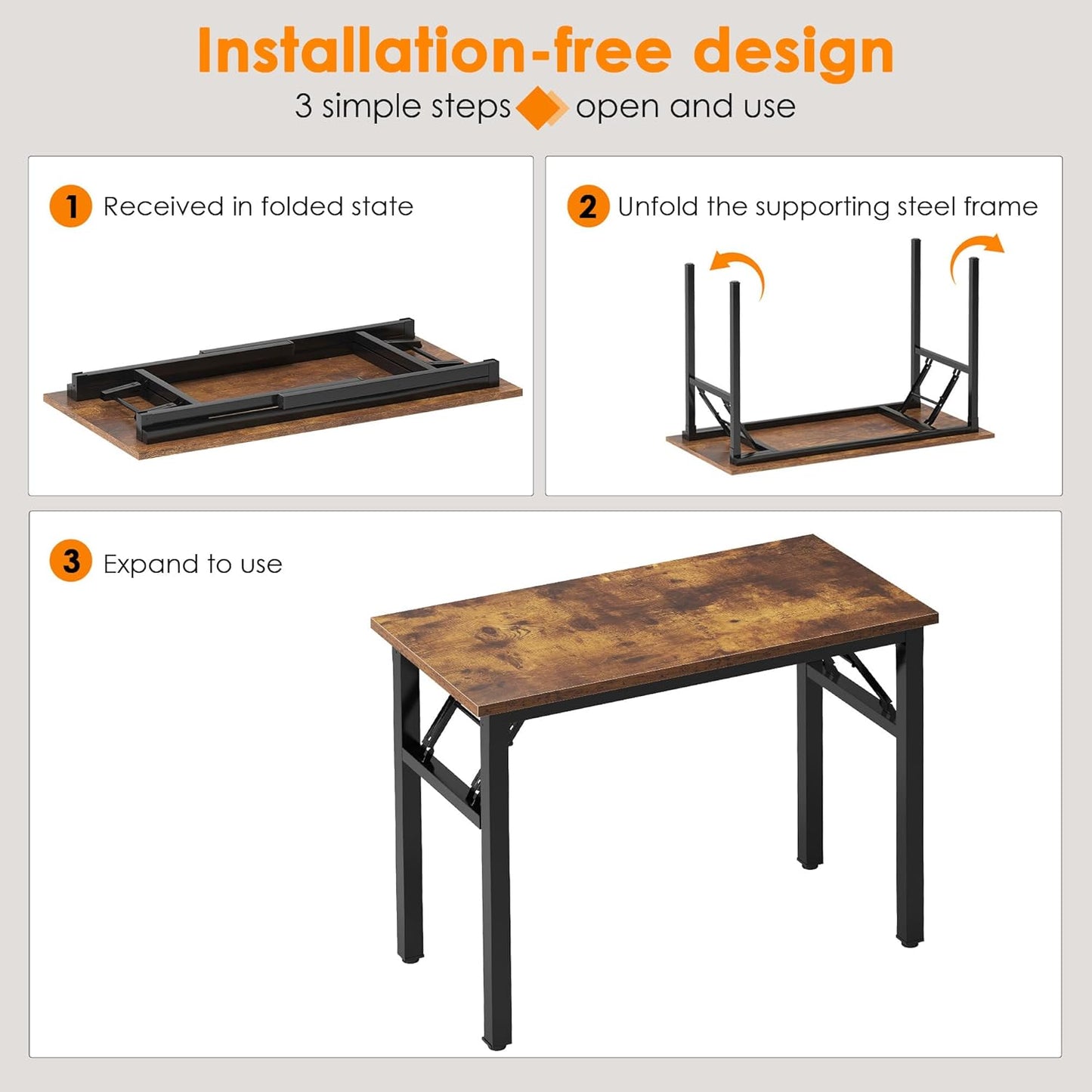 Need 39.4 inches Computer Desk for Small Space Small Folding Table Small Writing Desk Compact Desk Foldable Desk with BIFMA Certification, No Install Needed, Rustic Brown AC5-10060-FB