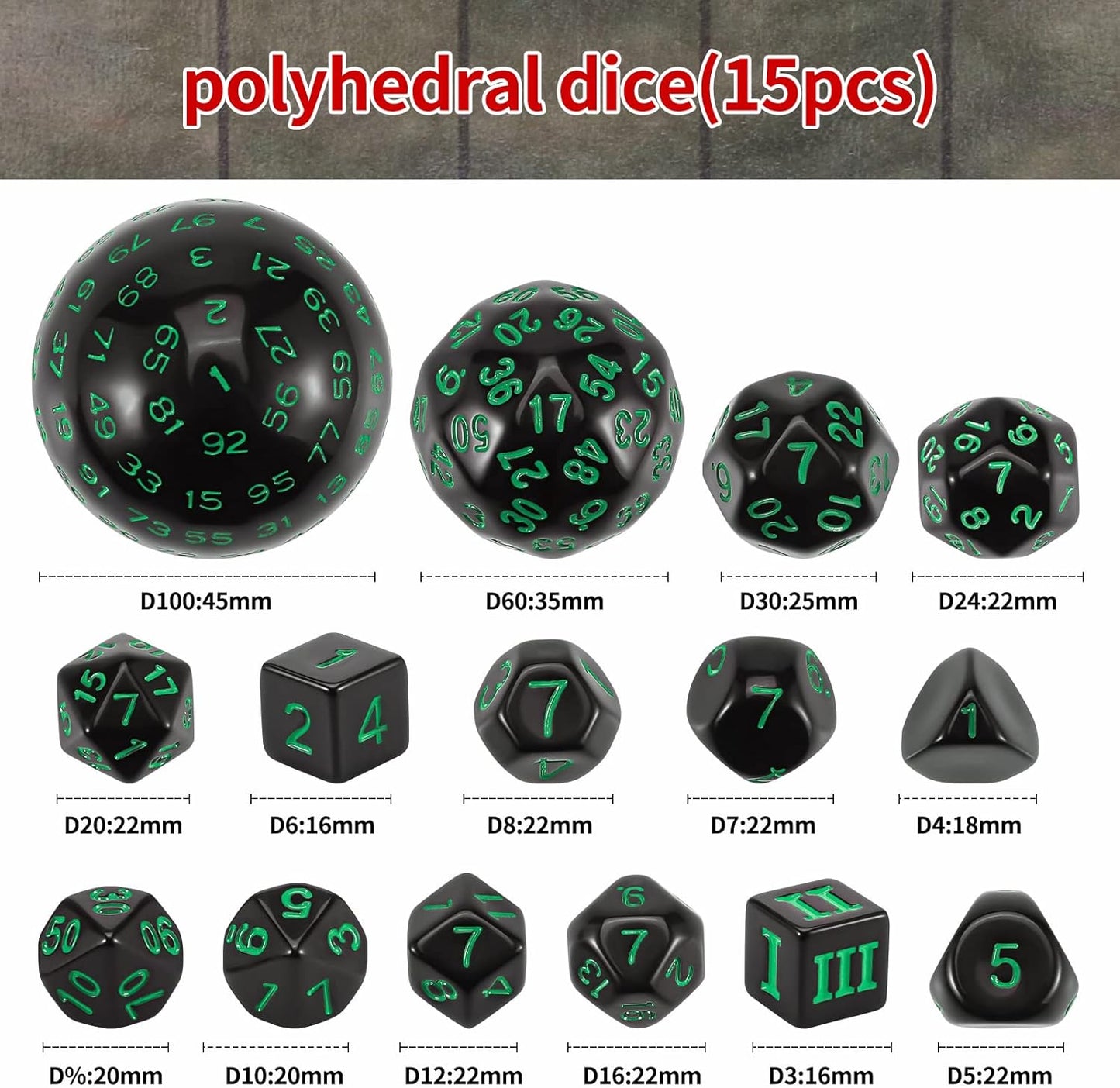 CiaraQ DND Polyhedral Dice Set (15pcs) D4-D100 Game Dice with Dice Bag for Dungeons and Dragons Role Playing Table Games (Black & Green)
