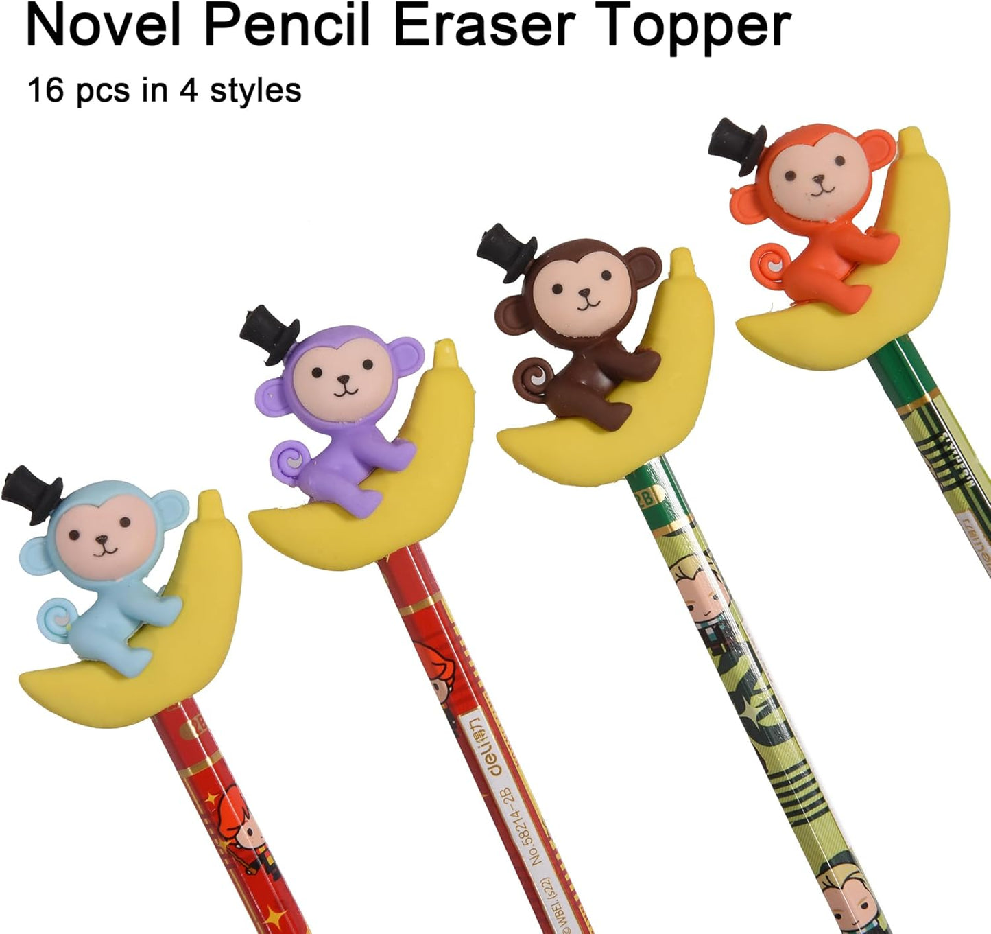 HILAZA 16Pcs Pencil Top Erasers for Kids, 3D Cute Monkey Pencil Toppers, Bulk Fun Pencil Cap Easters for School Classroom Supplies Prize Gifts Party Favors