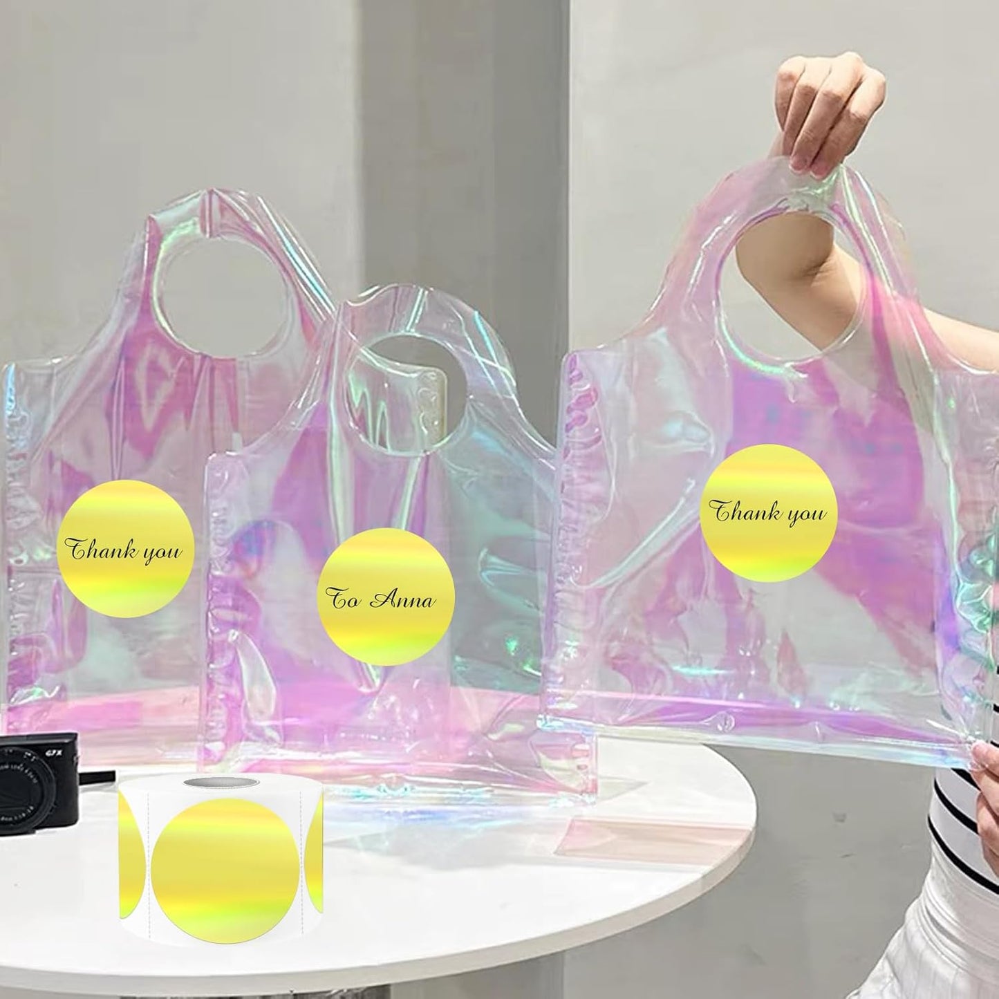 2" Circle Holographic Thermal Label Stickers, Round Printable Rainbow Glitter Thermal Printer Sticker Labels for Gift Wrapping, Self-Adhesive Name Price Tag DIY Custom Logo Design- Yellow