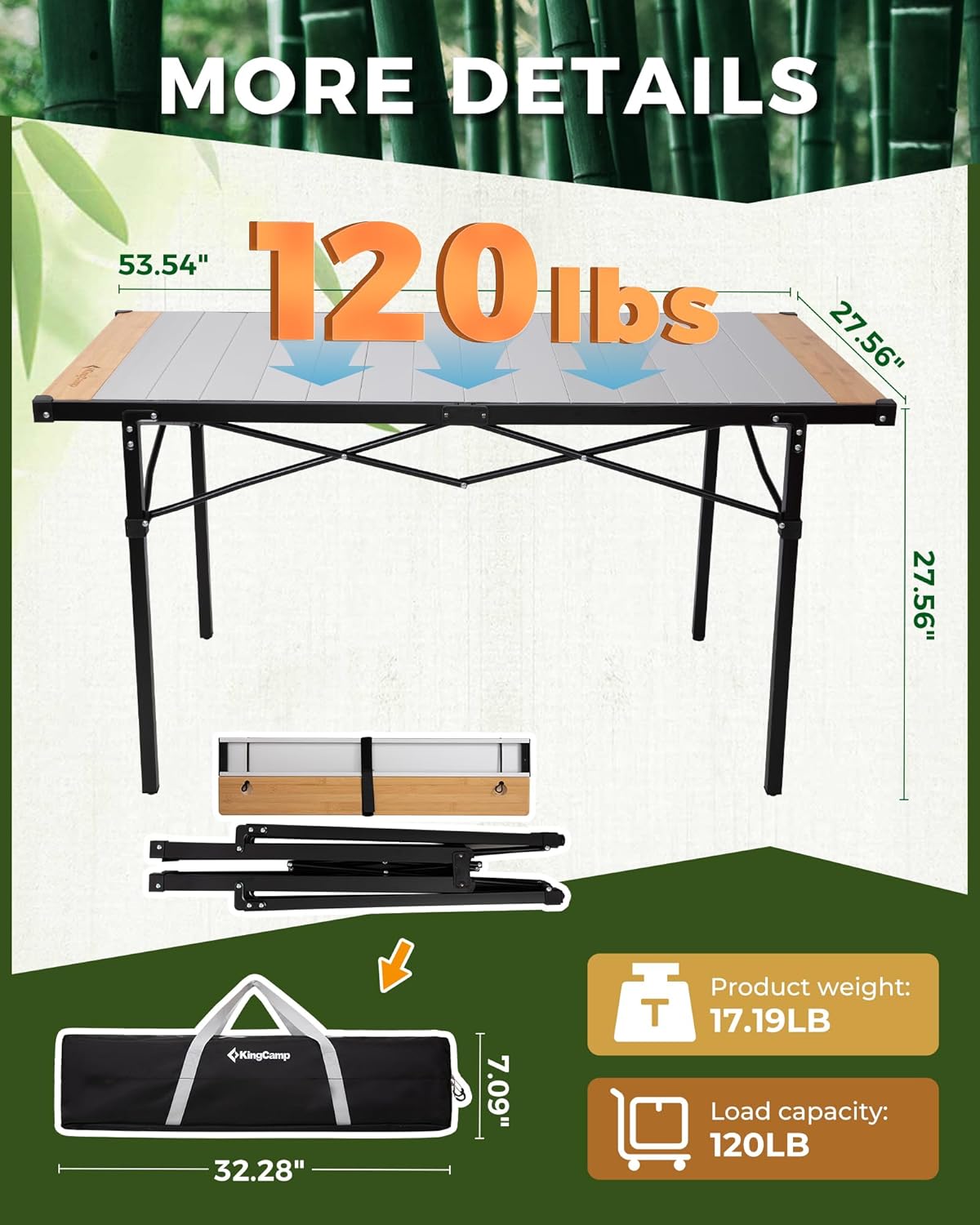 KingCamp Aluminum Folding Lightweight Roll Portable Stable Table for Camping Picnic Barbecue Backyard Party, Indoor & Outdoor, Oversize, Silver Black (Extended Pro, #6P Bamboo)