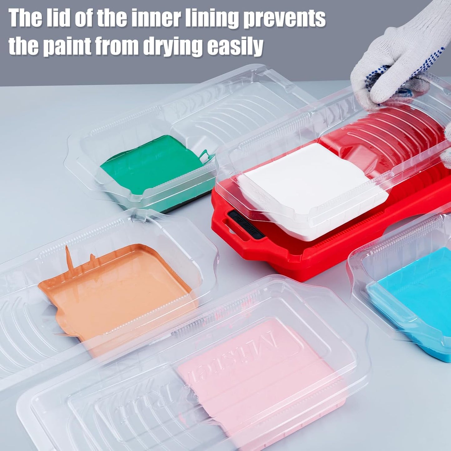 Mister Rui 4 Inch Paint Tray Liners 8-Pack with Lid - Reusable, Solvent-Proof Plastic Roller Tray Refills for Leak-Free Painting, Fits Mister Rui Red Trays