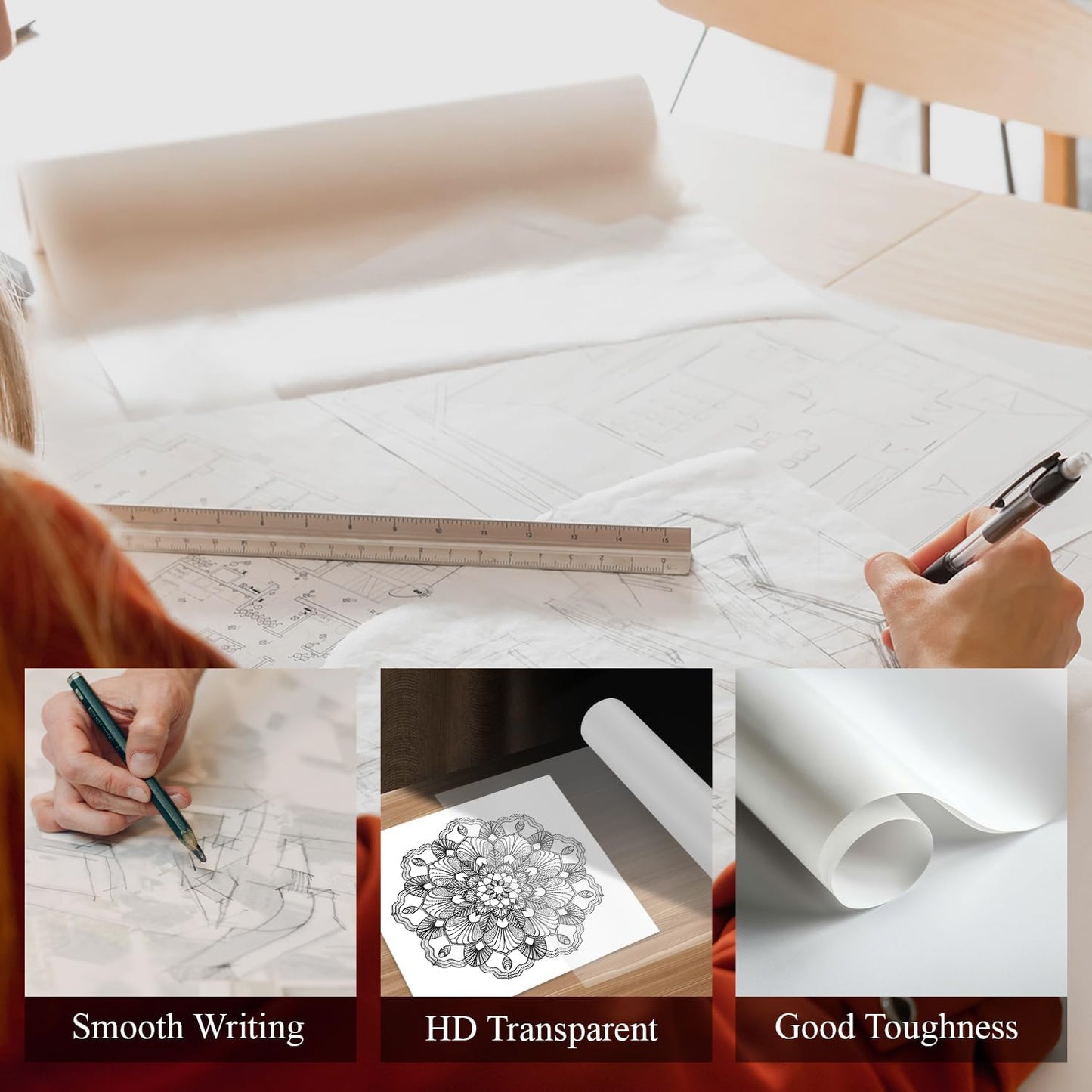 SuFly Tracing Paper Roll, 12 Inch x 50 Yards Trace Paper Roll, 32 lb White Art Paper Translucent Pattern Paper for Sewing, Drawing, Sketching, and Gift Wrapping.