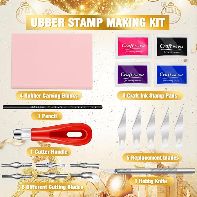 WAYCOM 18 Pcs Rubber Stamp Making Kit, Linoleum Cutter Set, Craft Ink Pad, Hobby Knife, Pencil for DIY Stamp Carving Craft