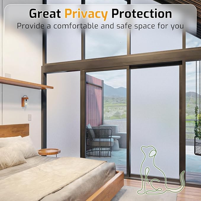 LUTE Window Privacy Film, Frosted Glass Window Film for Bathroom, Static Cling Removable Heat Control Glass Coverings, Non Adhesive Opaque Door Sticker for Home Office (Pure, 17.5" x 118.1")