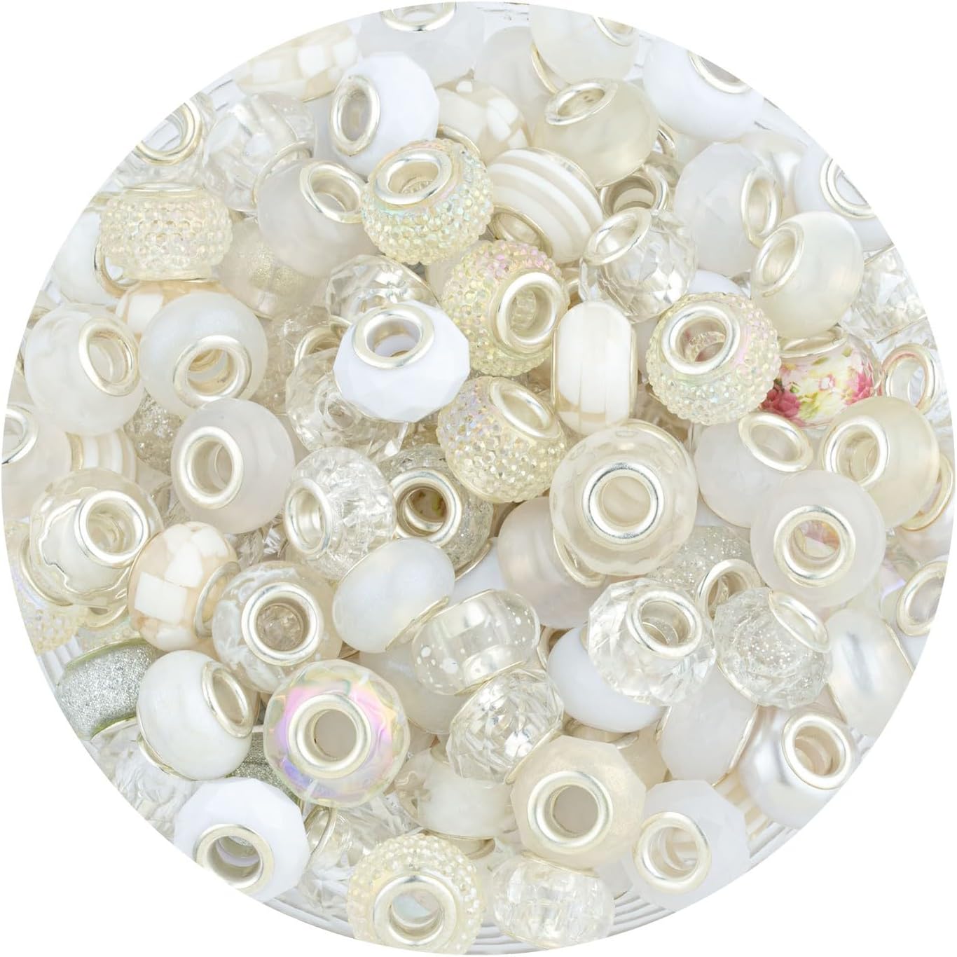 LAIDANLA White Mix Large Hole Beads, 100pcs 15mm Round European-Style Resin, Plastic, Acrylic Craft Beads for Jewelry Making, Bracelet, Necklace, Decoration